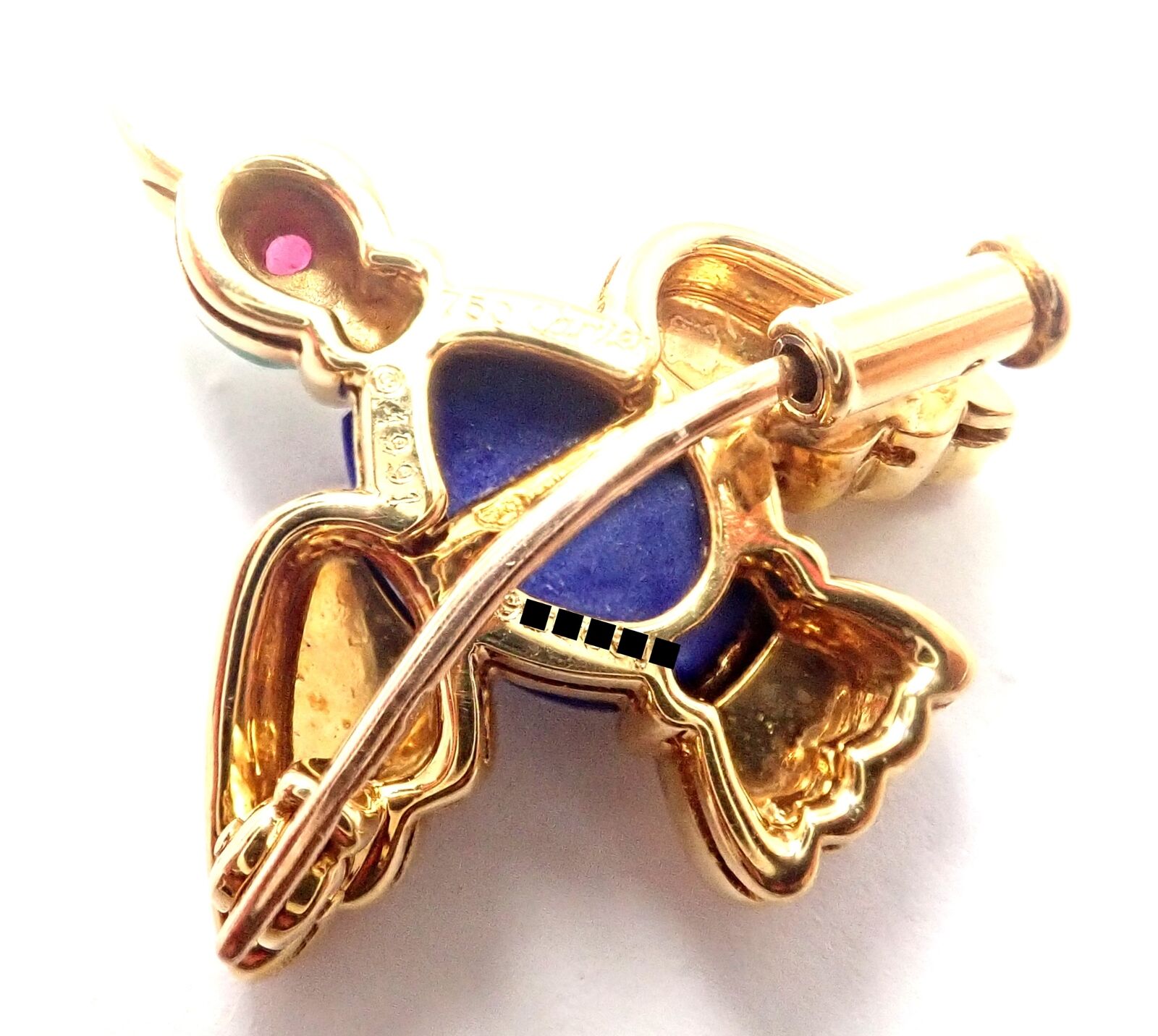 Authentic! Vintage Cartier 18k Yellow Gold Lapis Lazuli Ruby Bird Pin Brooch | Fortrove