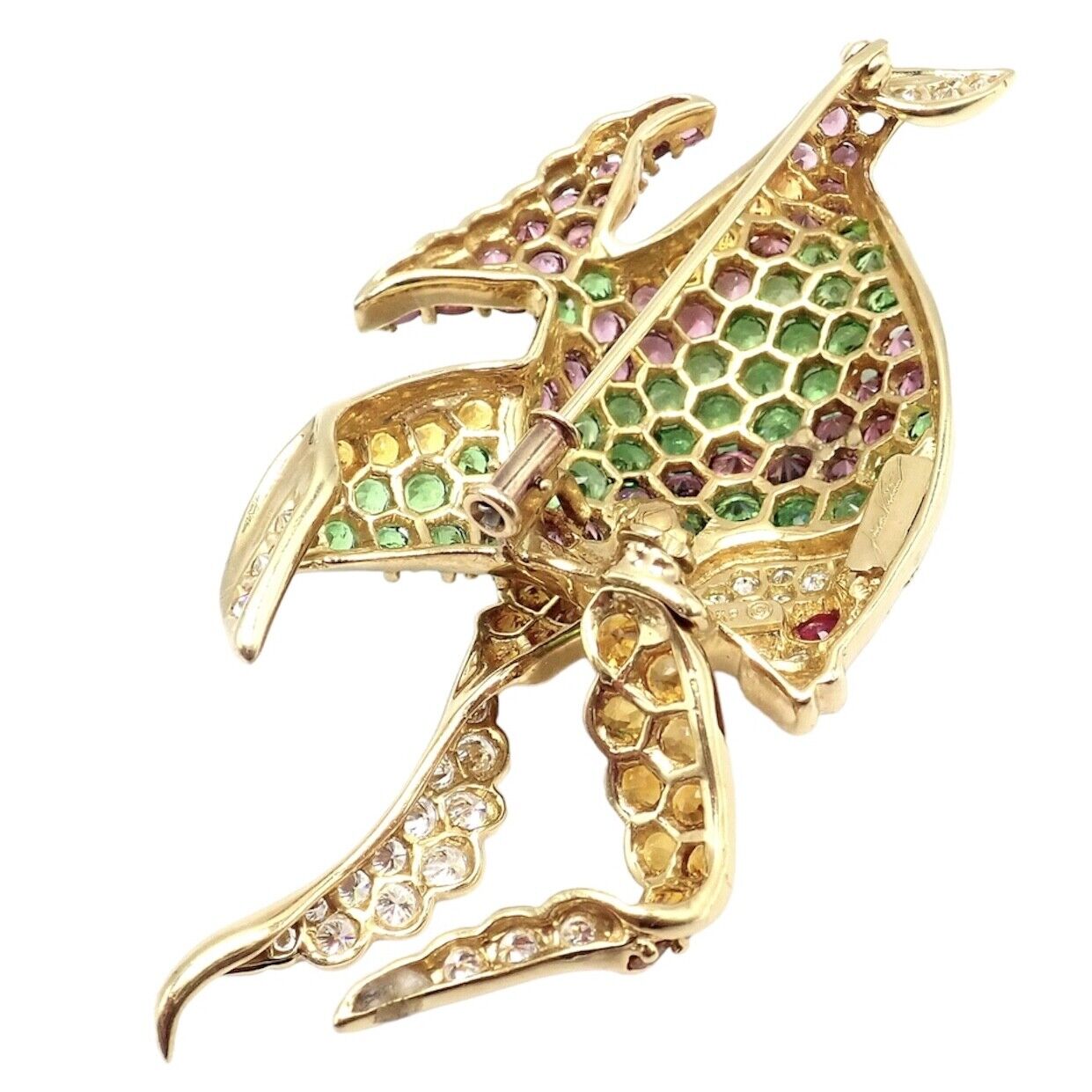 Authentic! Rare Jean Vitau 18k Yellow Gold Diamond Color Stone Angel Fish Brooch | Fortrove