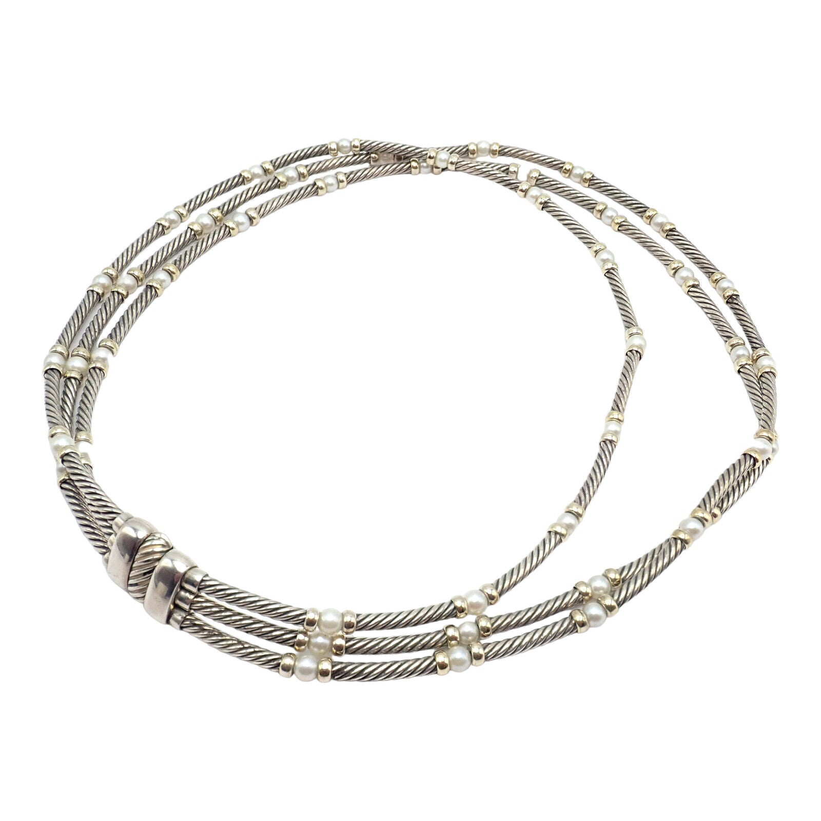 David Yurman DY Sterling Silver 14k Yellow Gold 3 Cable 3mm Pearl Necklace 15" | Fortrove