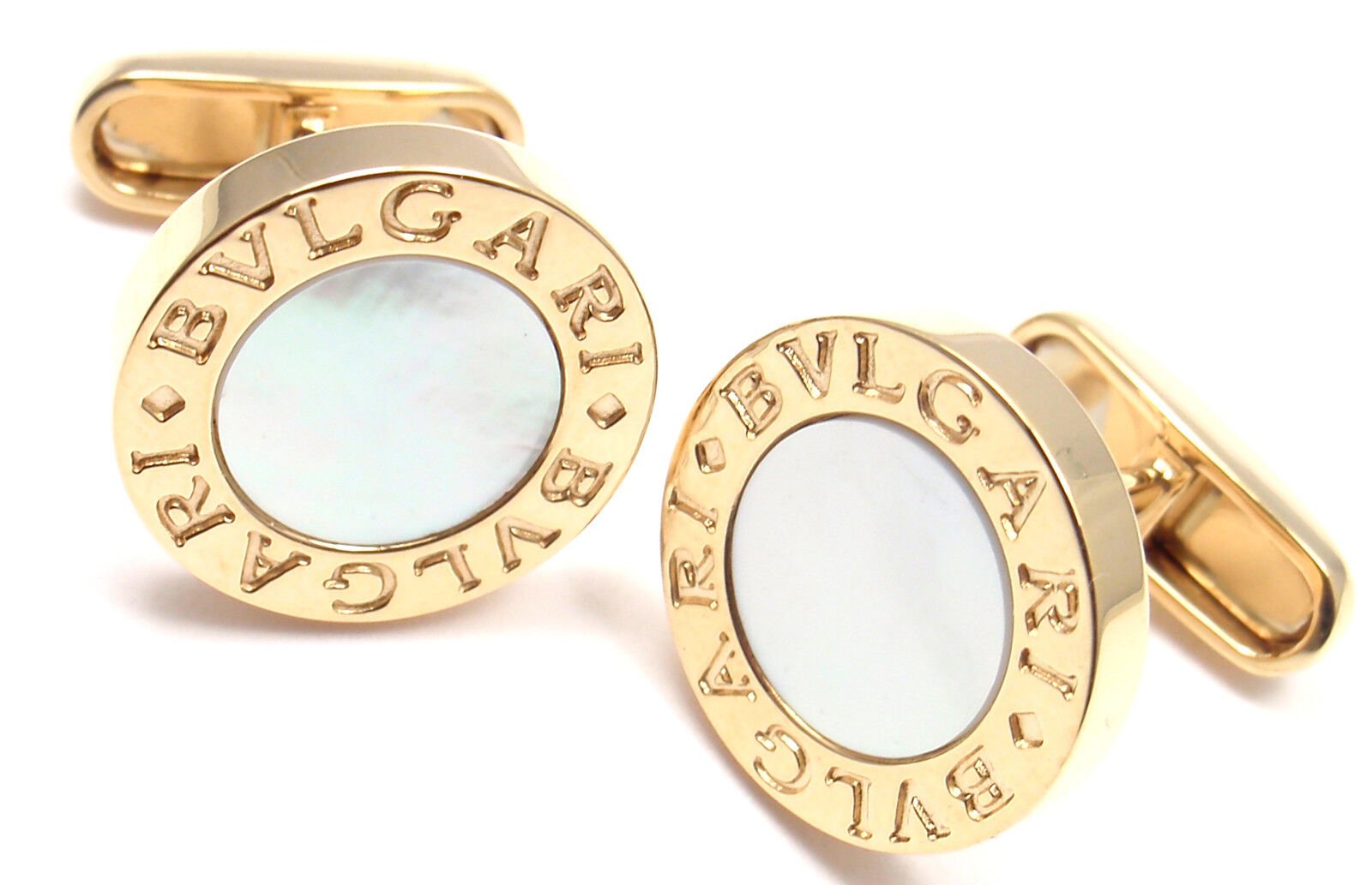 Authentic! Bvlgari Bulgari 18k Yellow Gold Mother Of Pearl Cufflinks | Fortrove
