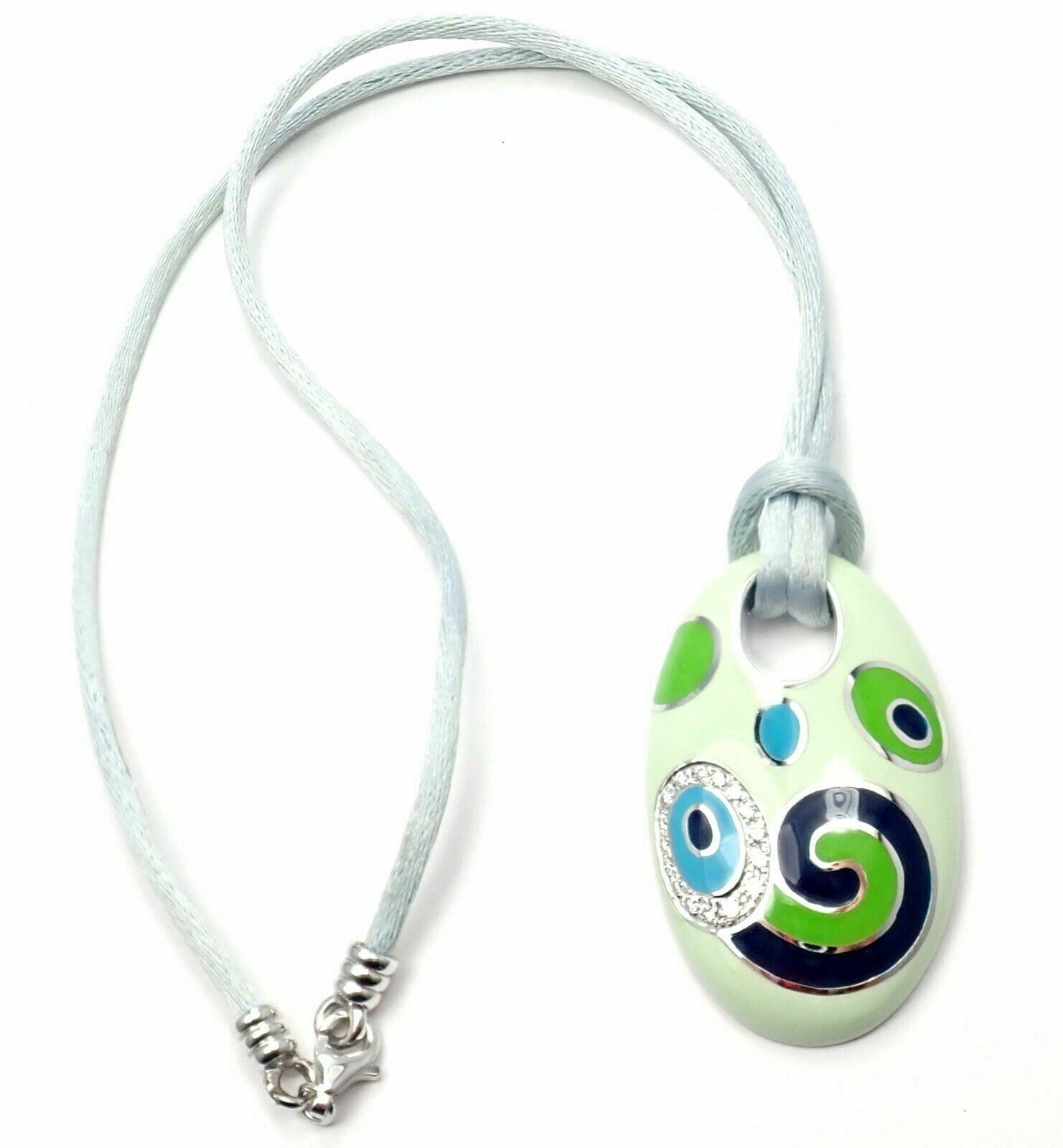 Roberto Coin 18k White Gold Diamond Green Enamel Silk Cord Pendant Necklace | Fortrove