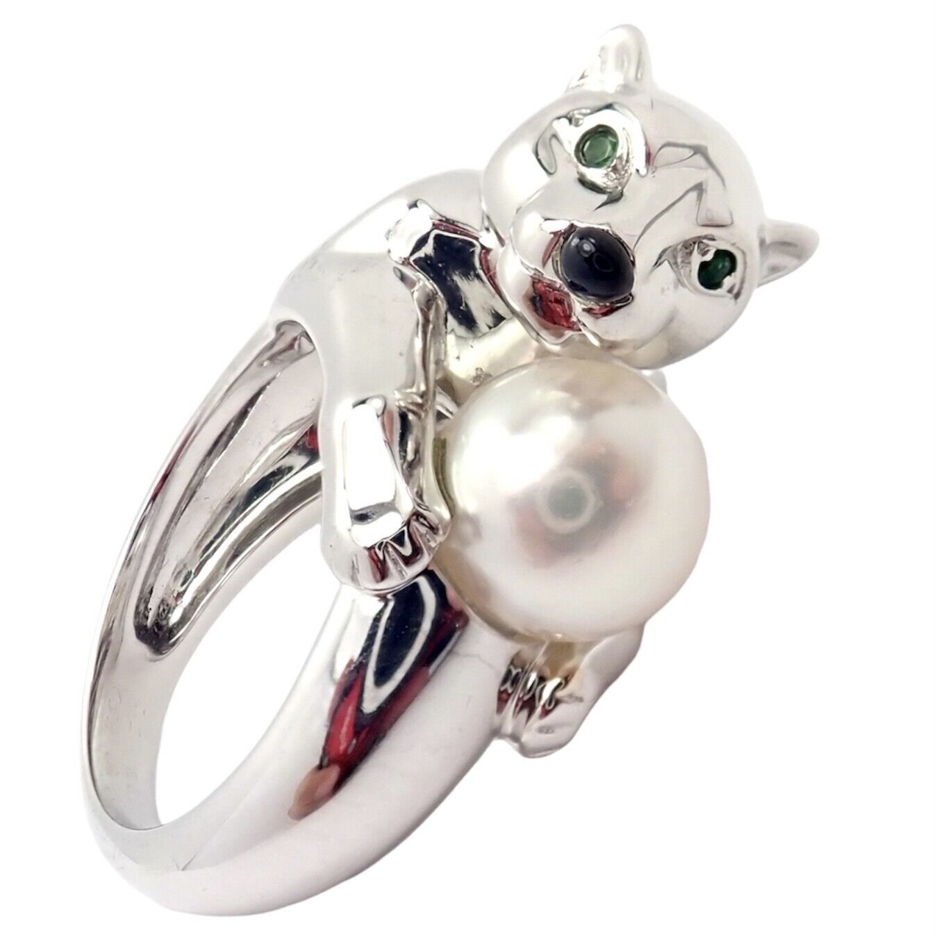 Authentic! Cartier 18k White Gold Panther Panthere Onyx Tsavorite Pearl Ring | Fortrove