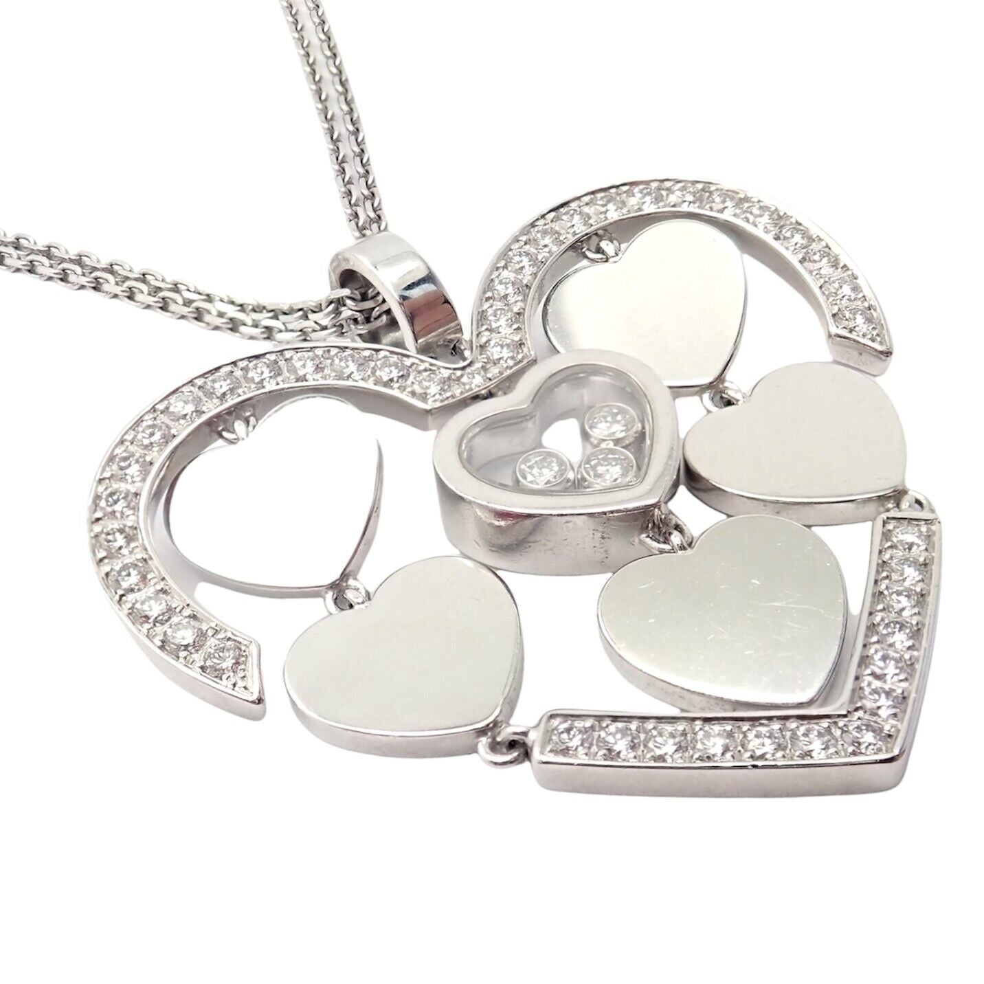 Authentic! Chopard 18k White Gold Large Double Happy Hearts Diamond Necklace | Fortrove