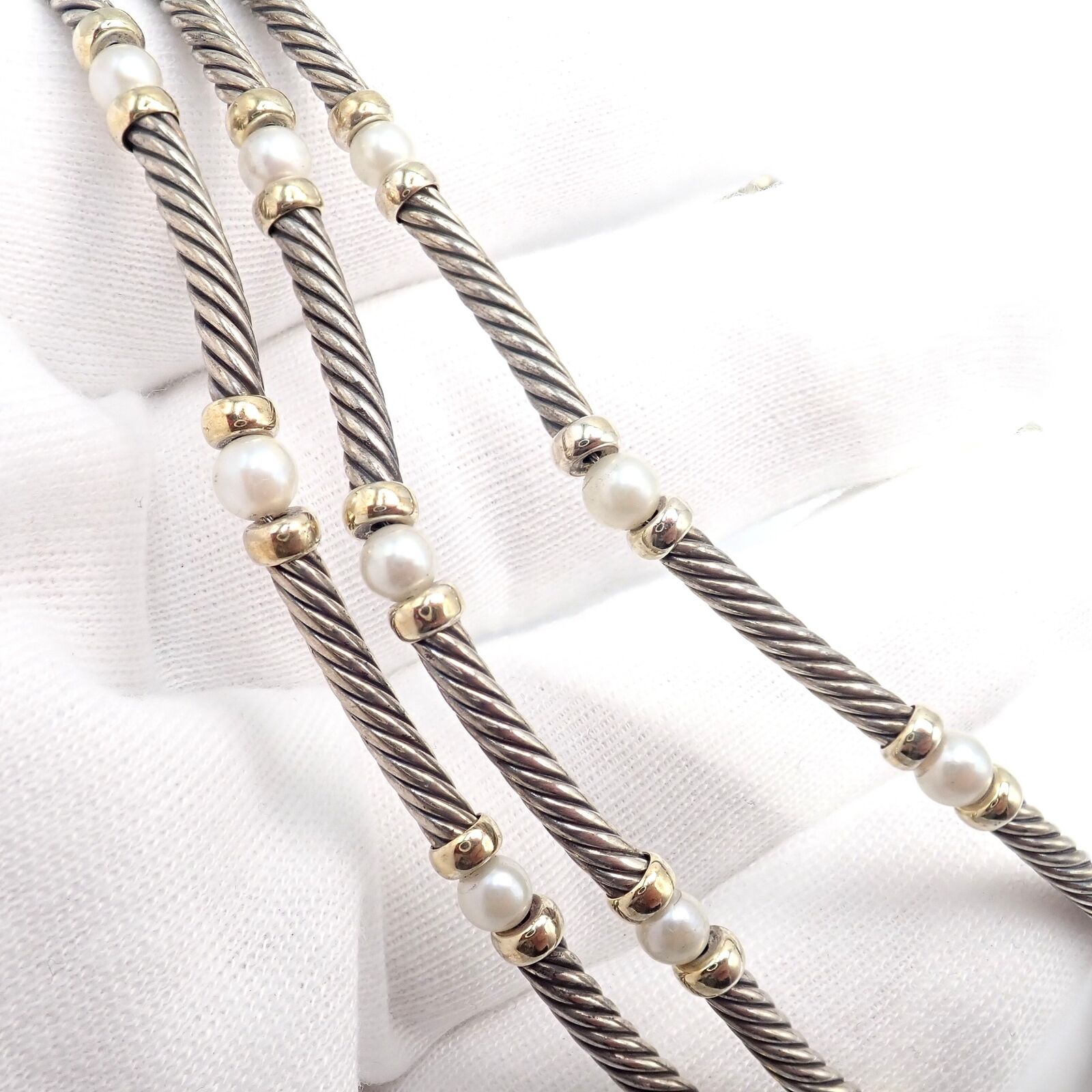 David Yurman DY Sterling Silver 14k Yellow Gold 3 Cable 3mm Pearl Necklace 15" | Fortrove