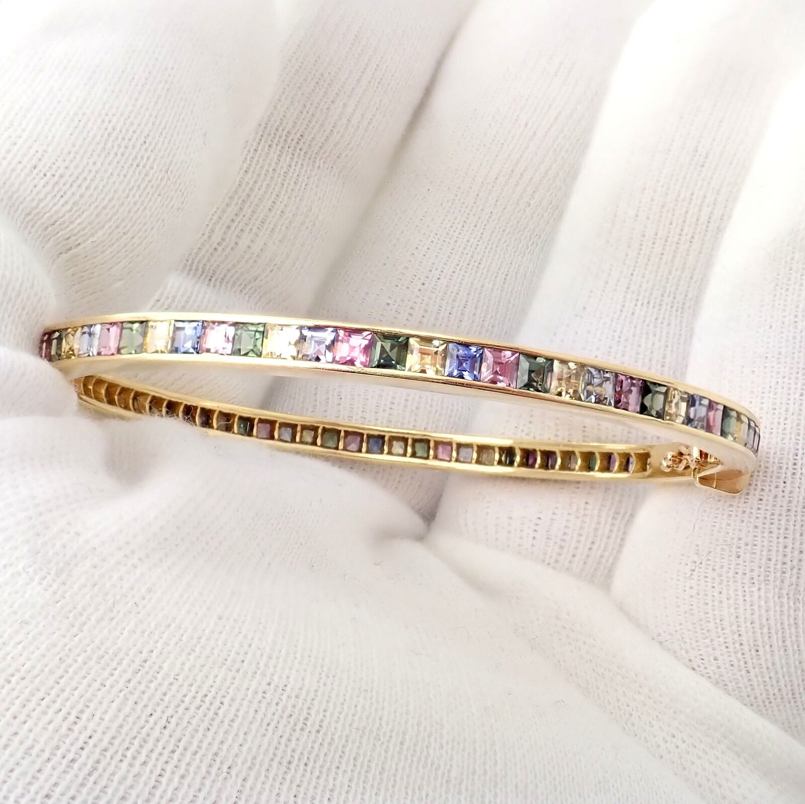 Authentic! Julius Cohen 18k Yellow Gold Diamond Pastel Color Stone Cuff Bracelet | Fortrove