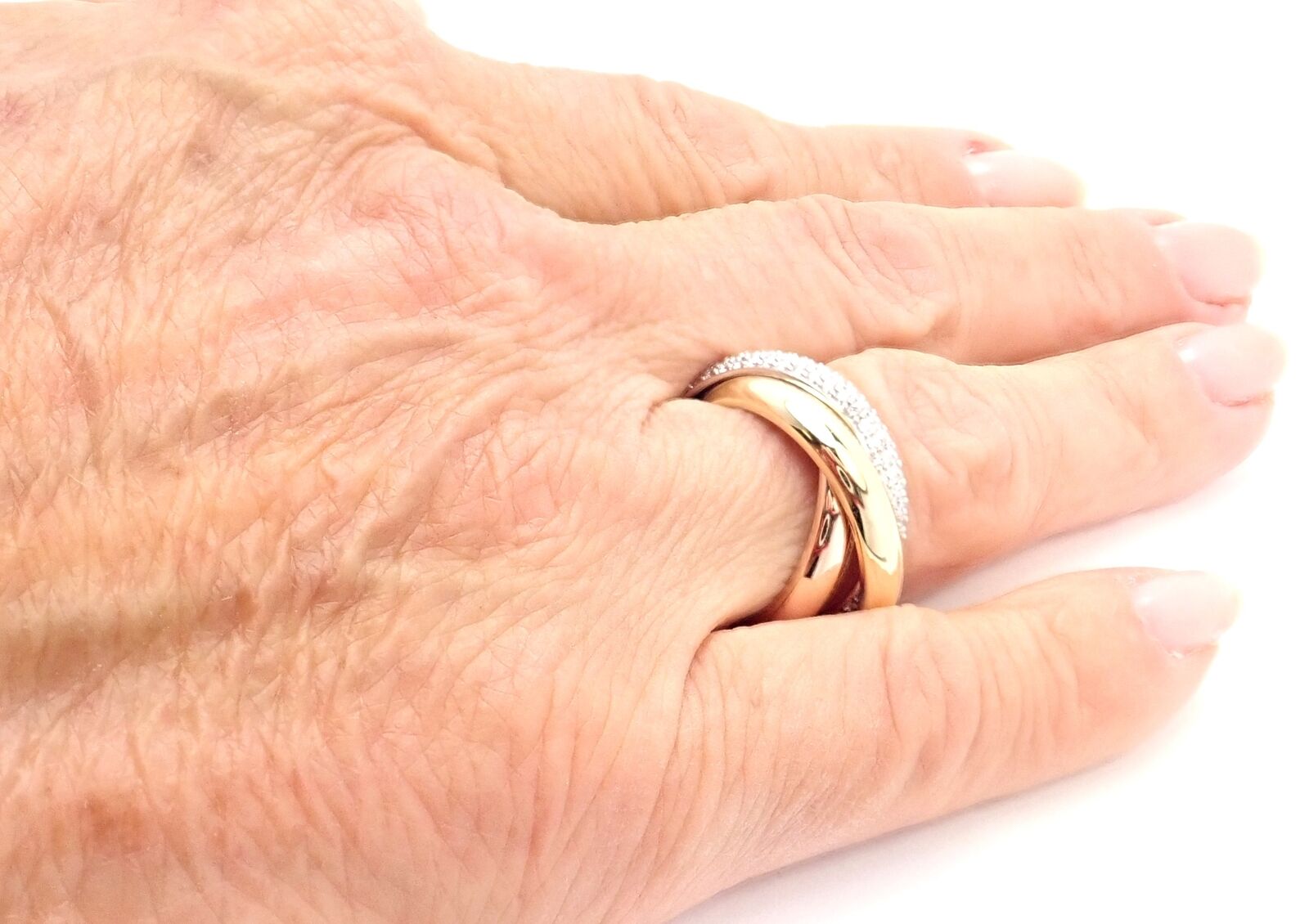 Authentic! Cartier Trinity Classic Diamond 18k White Yellow Rose Gold Band Ring | Fortrove