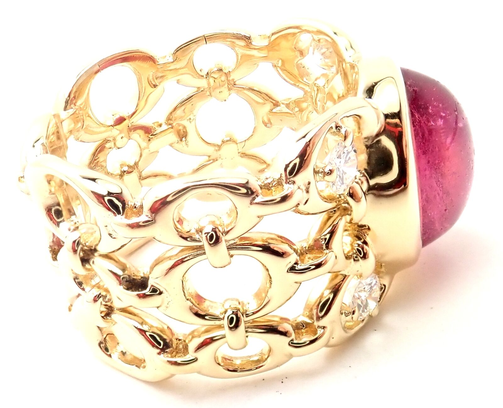 Authentic Christian Dior 18k Yellow Gold Diamond Large Pink Tourmaline Band Ring | Fortrove
