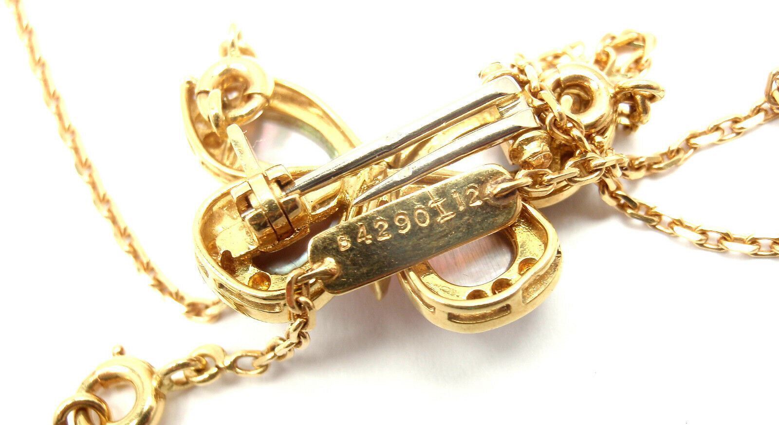 VAN CLEEF & ARPELS 18k Yellow Gold Diamond MOP Coral Butterfly Brooch Necklace | Fortrove