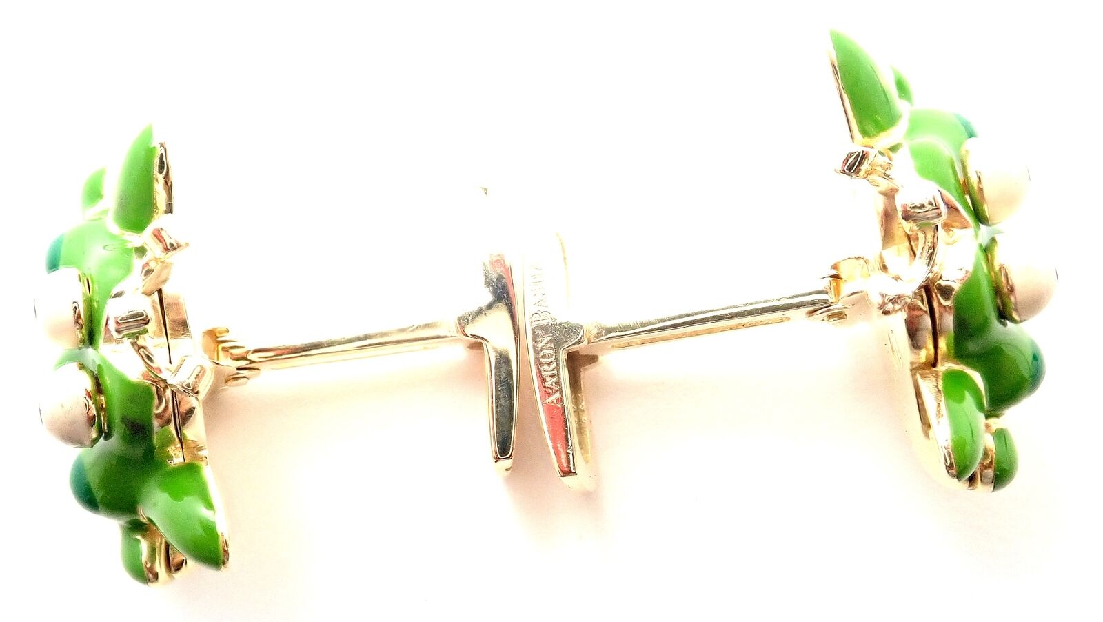 Authentic! Aaron Basha 18k Yellow Gold Diamond Enamel Frog Prince Cufflinks | Fortrove