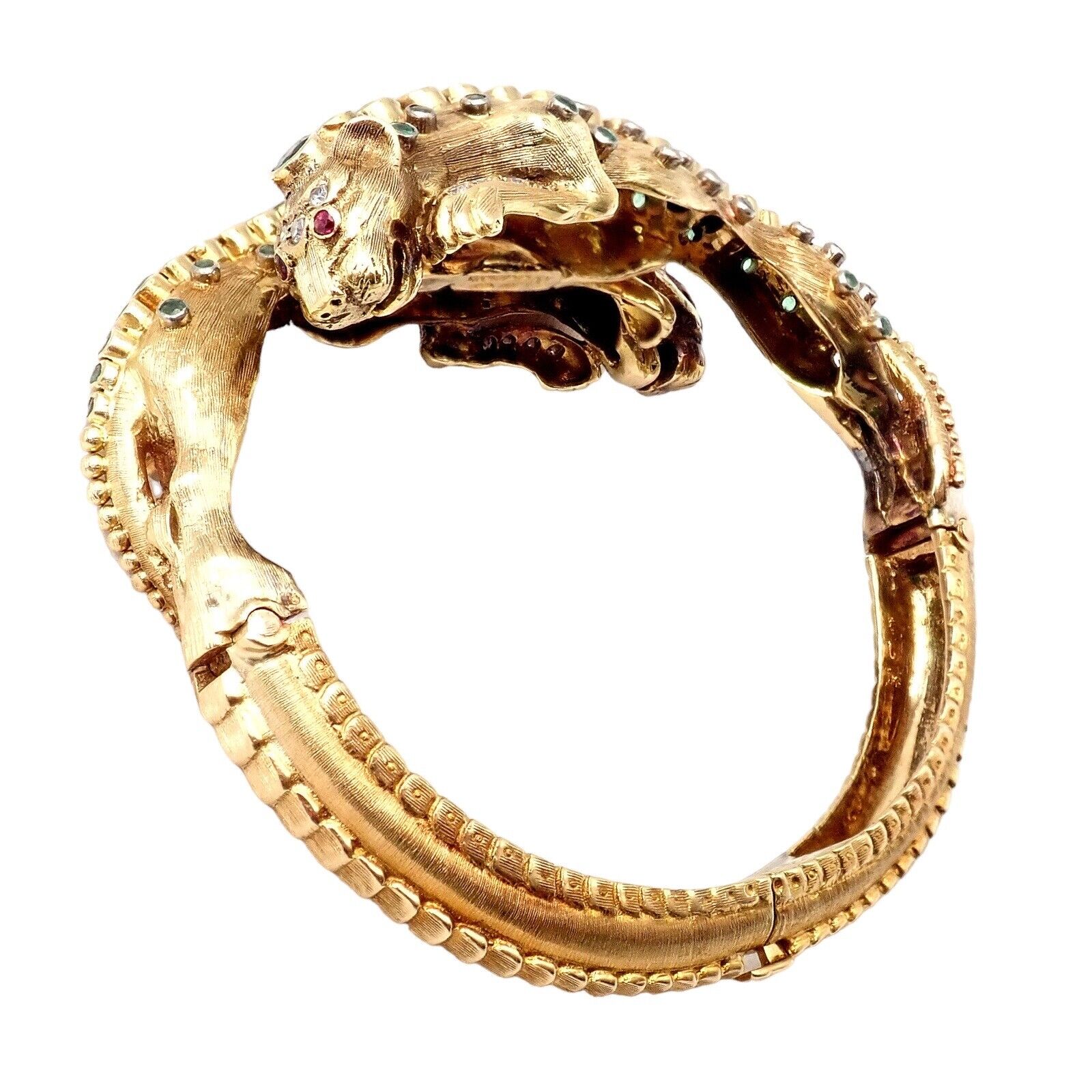 Vintage! Ilias Lalaounis 18k Yellow Gold Emerald Diamond Lioness Bangle Bracelet | Fortrove
