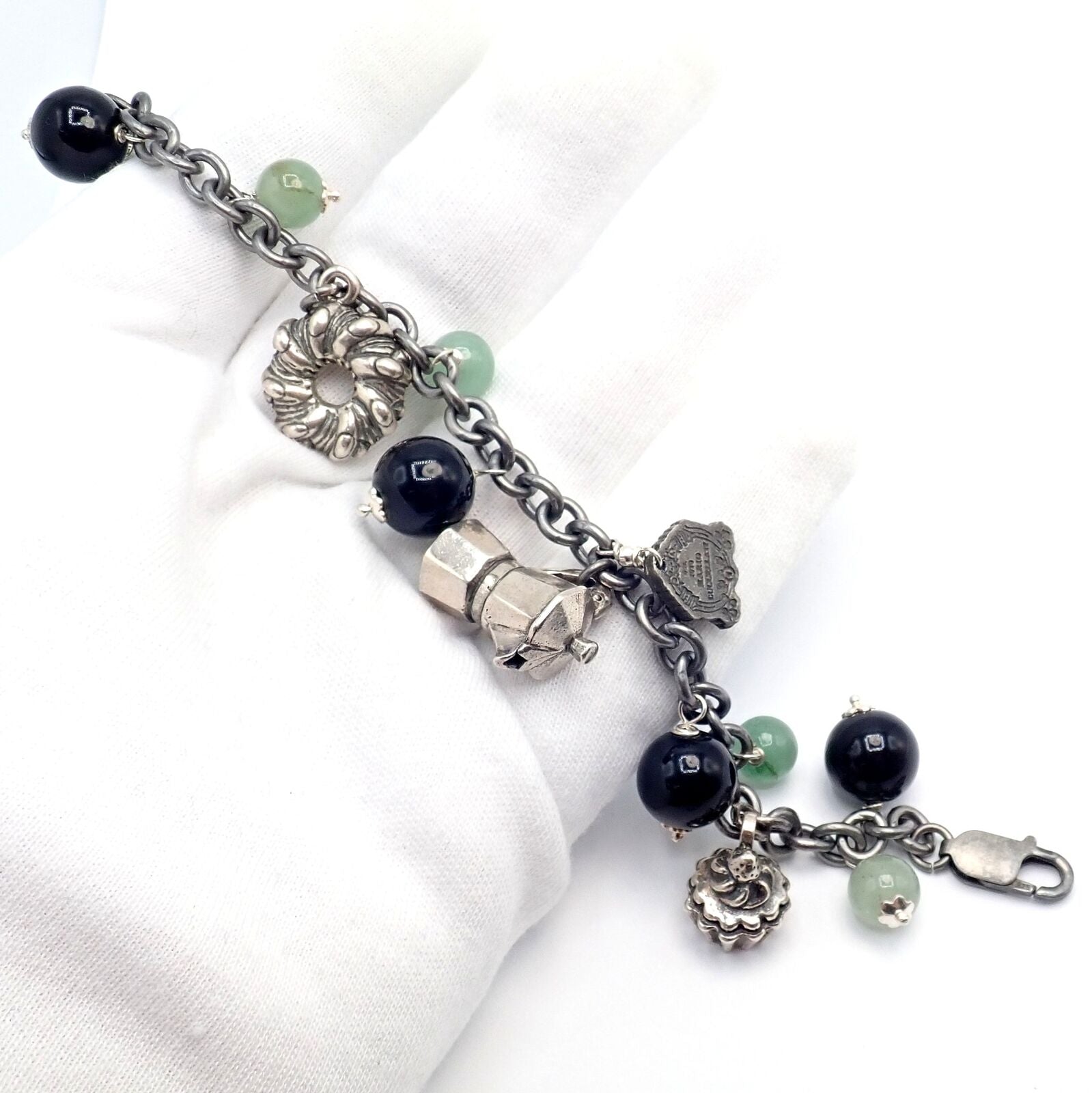 Rare! Vintage Mario Buccellati Silver Coffee Jadeite Onyx Bead Charm Bracelet | Fortrove