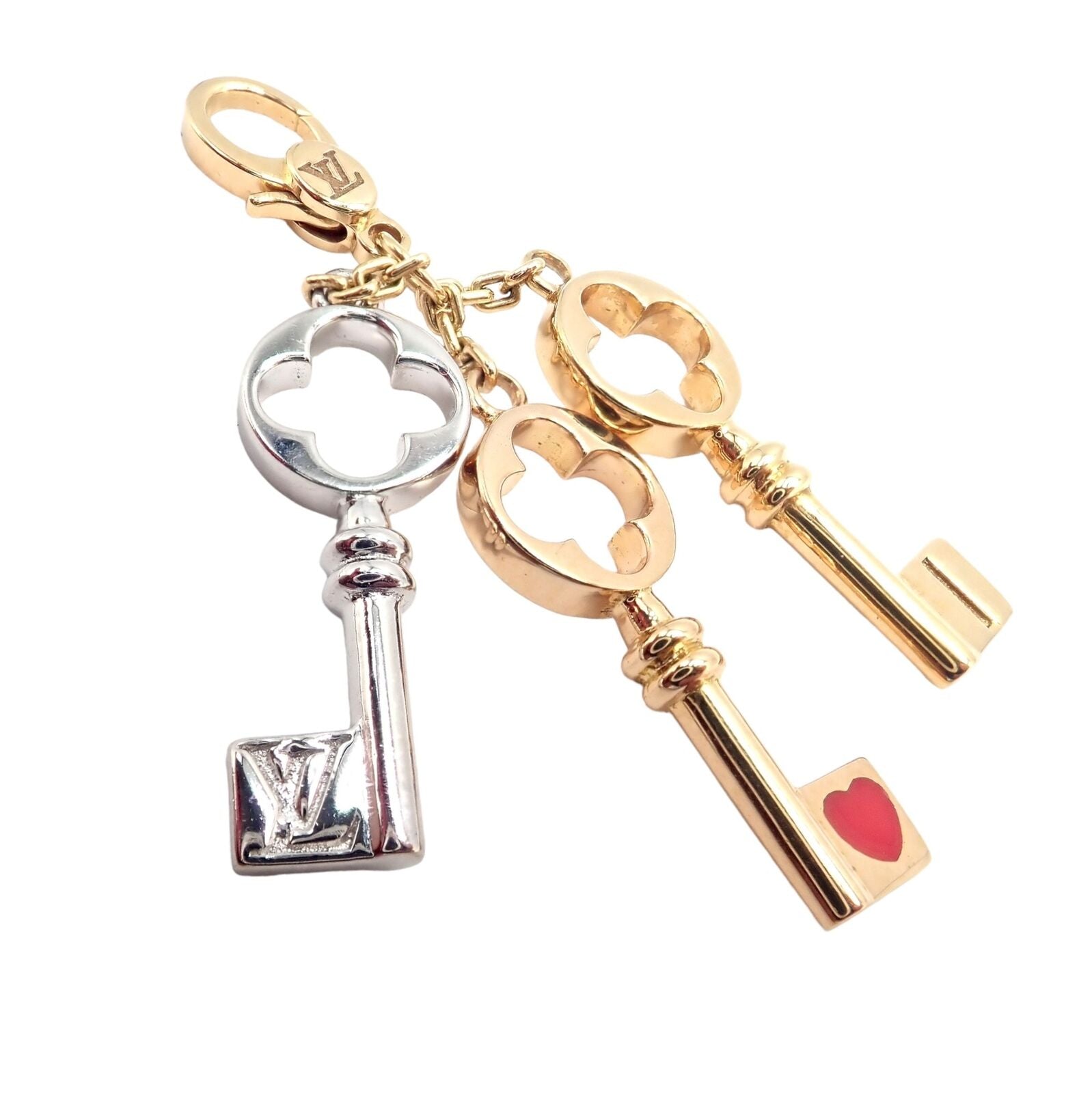 Rare! Louis Vuitton LV 18k Tri Color Gold Enamel Heart Three Keys Charm Pendant | Fortrove