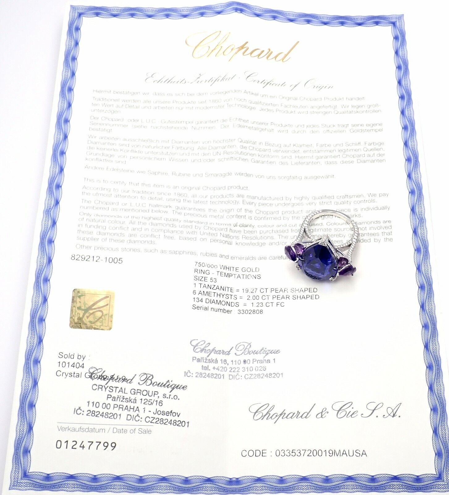 Rare! Chopard High Jewelry 18k Gold Diamond Tanzanite Amethyst Ring Box Cert | Fortrove