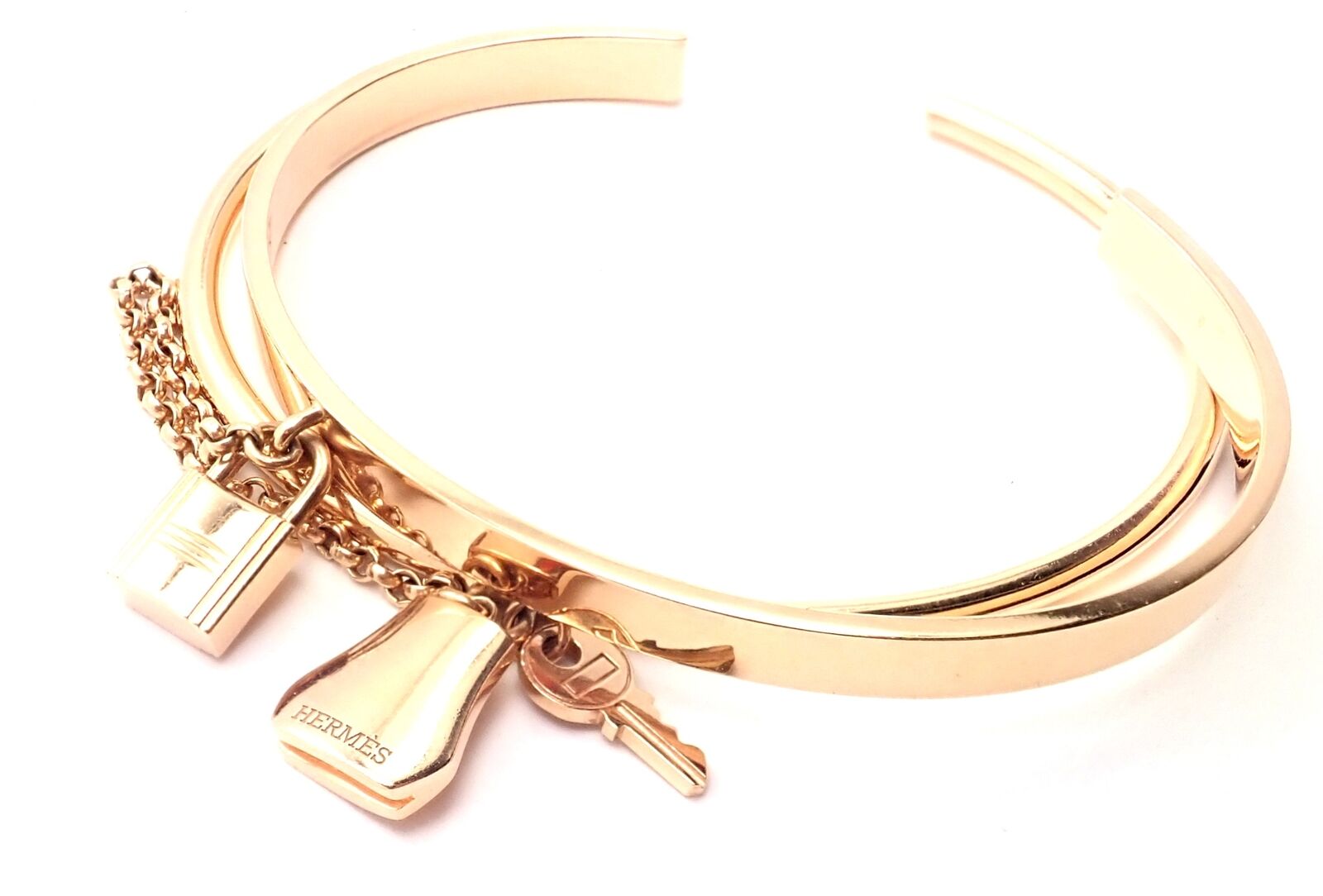 Authentic! Hermes 18K Rose Gold Kelly Clochette Double Cuff Bangle Bracelet | Fortrove