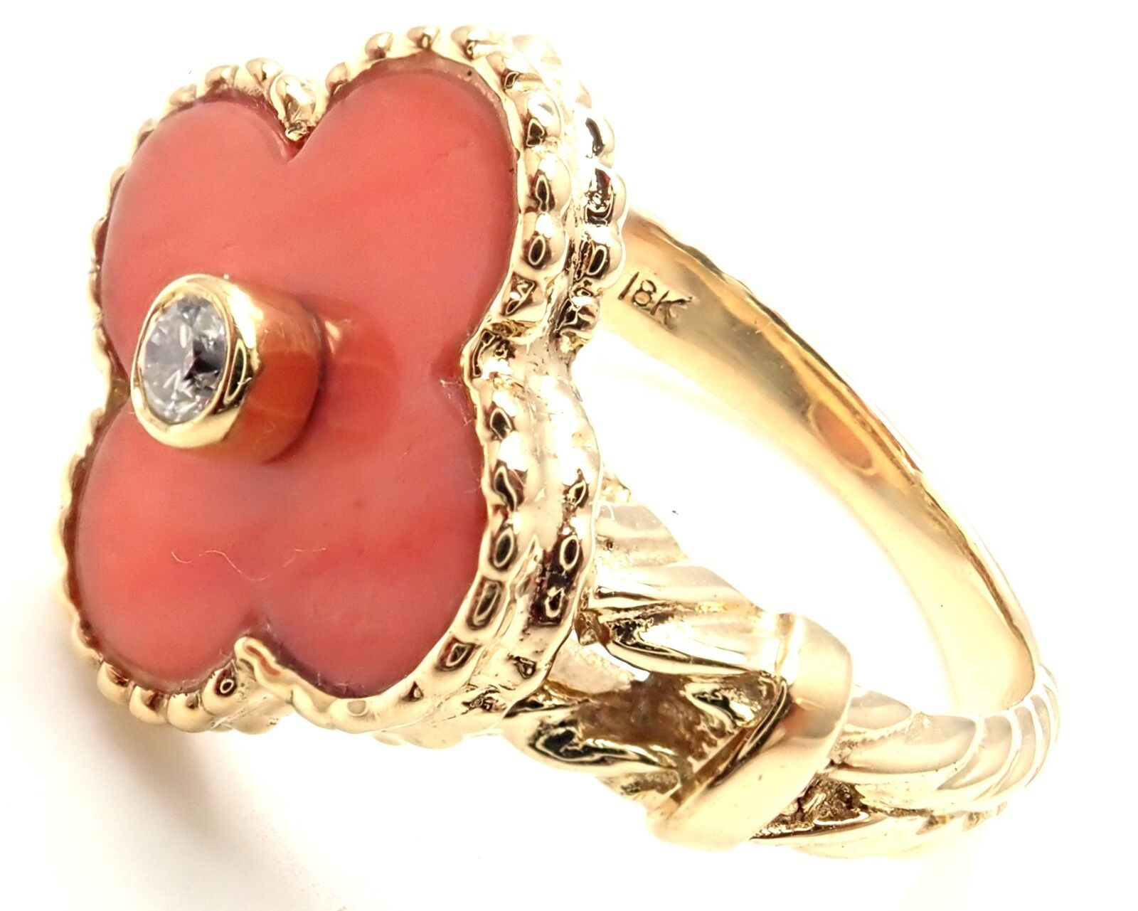 Rare! Authentic Van Cleef & Arpels Alhambra 18k Yellow Gold Coral Diamond Ring | Fortrove