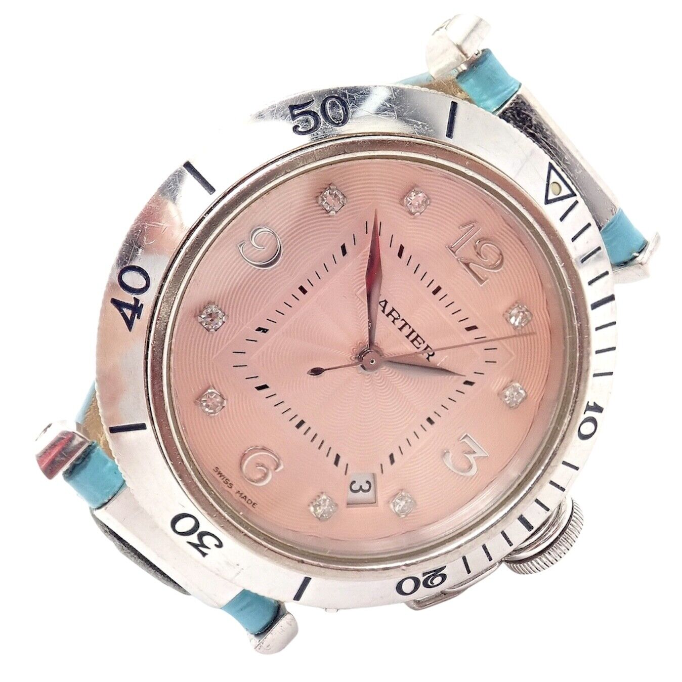 Authentic! Cartier 18k White Gold Pasha Pink Dial Miami Diamond Automatic Watch | Fortrove
