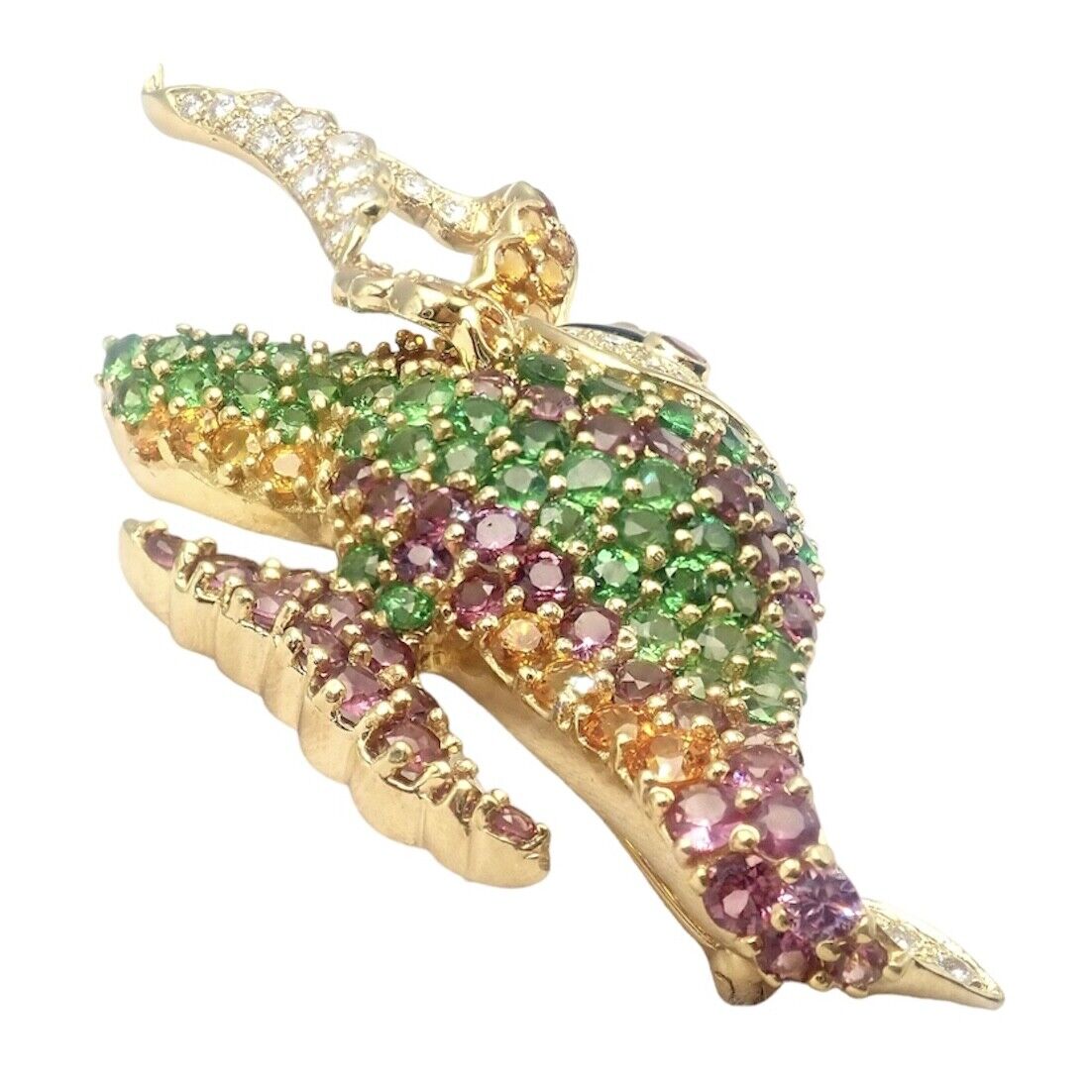 Authentic! Rare Jean Vitau 18k Yellow Gold Diamond Color Stone Angel Fish Brooch | Fortrove