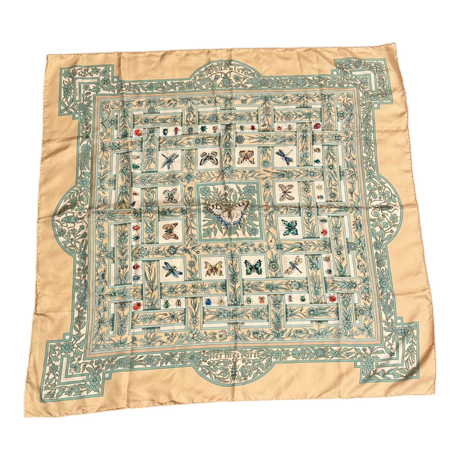 Authentic! Hermes Carre Joyaux de L'ete Jacquelot 90cm Tan Insect Silk Scarf | Fortrove