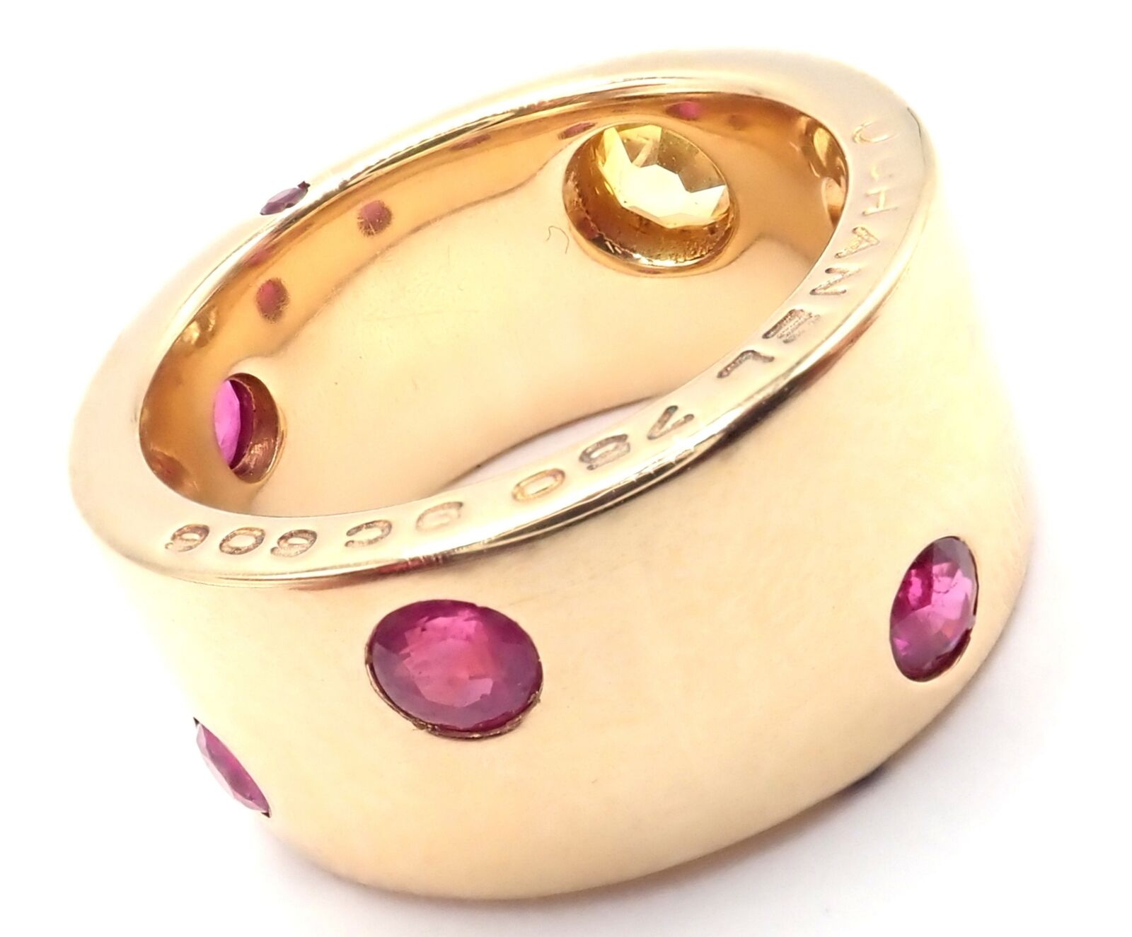 Authentic! Chanel 18k Yellow Gold Ruby Yellow Sapphire Wide Band Ring Size 5 | Fortrove
