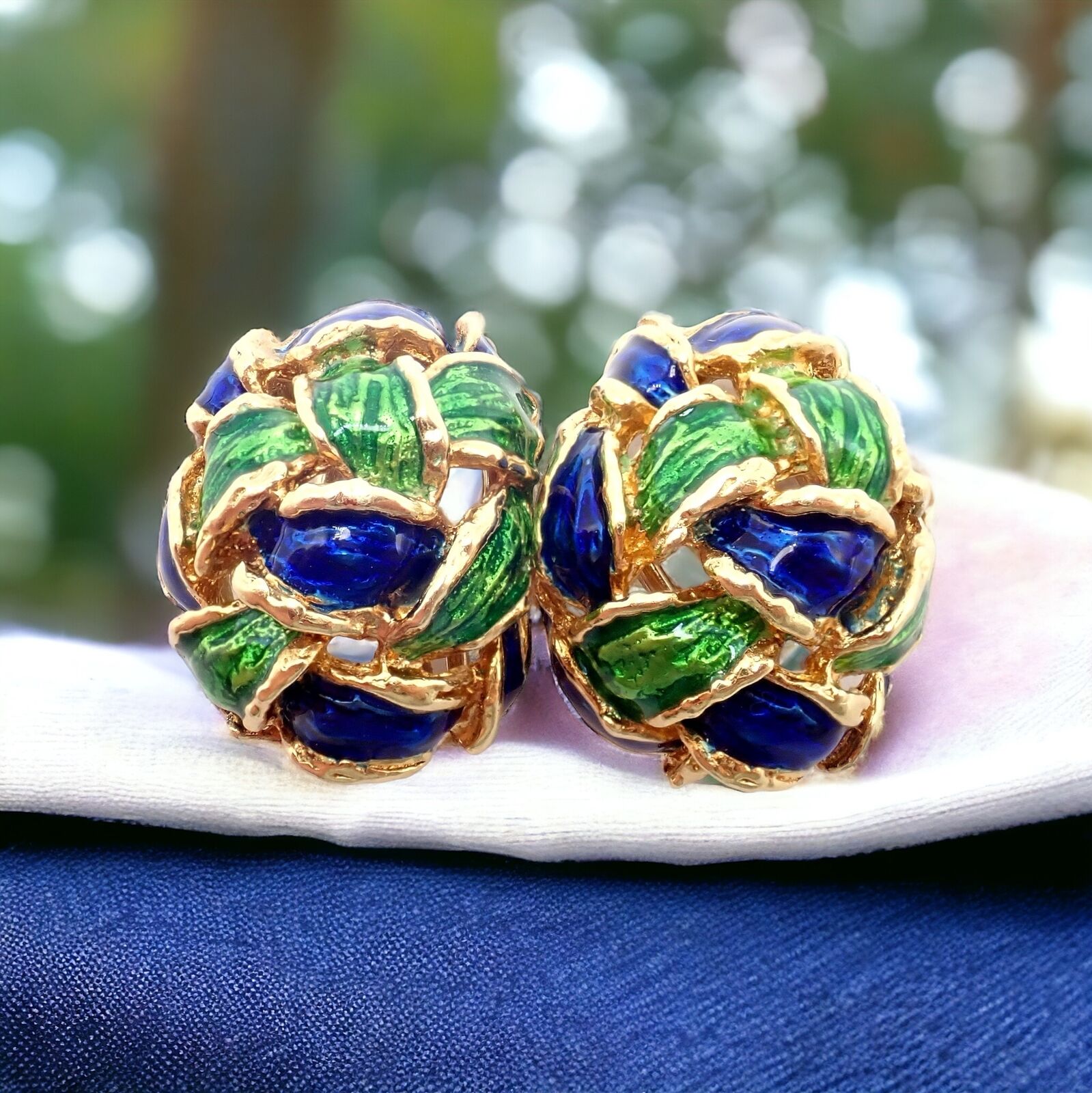 Vintage Tiffany & Co Green Blue Enamel 18k Yellow Gold Basket Weave Earrings | Fortrove