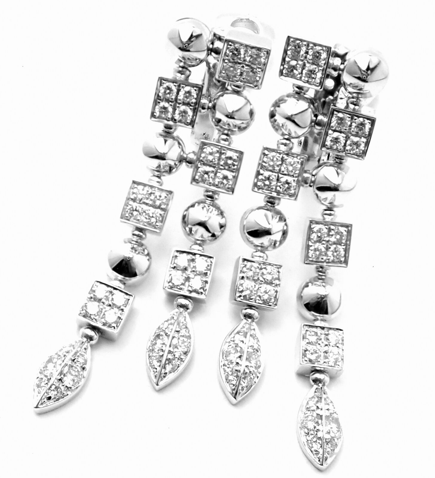 Authentic! Bulgari Bvlgari Lucea 18k White Gold Diamond Long Drop Earrings | Fortrove