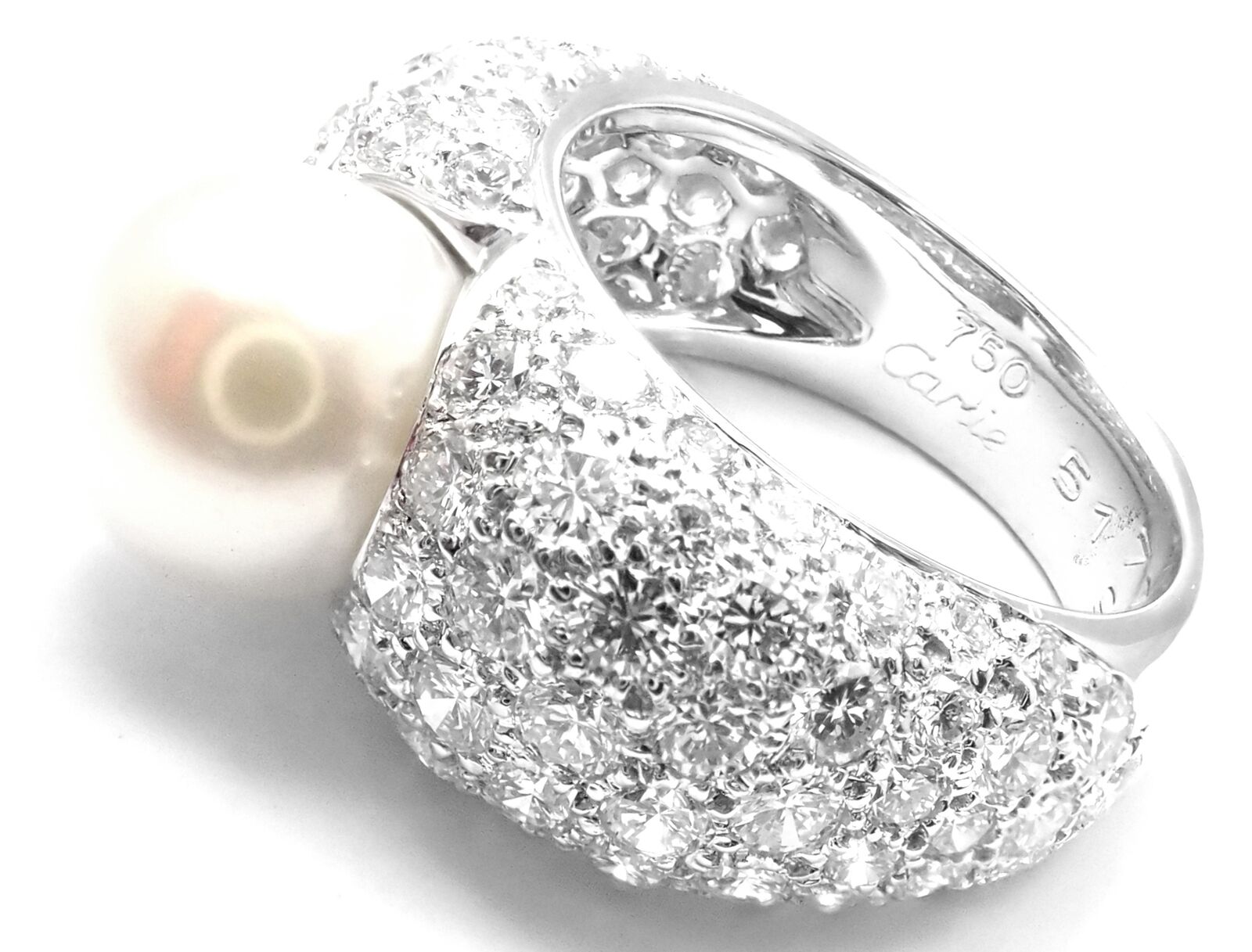 Authentic! Cartier Juliette 18k White Gold Cultured Pearl Diamond Band Ring | Fortrove