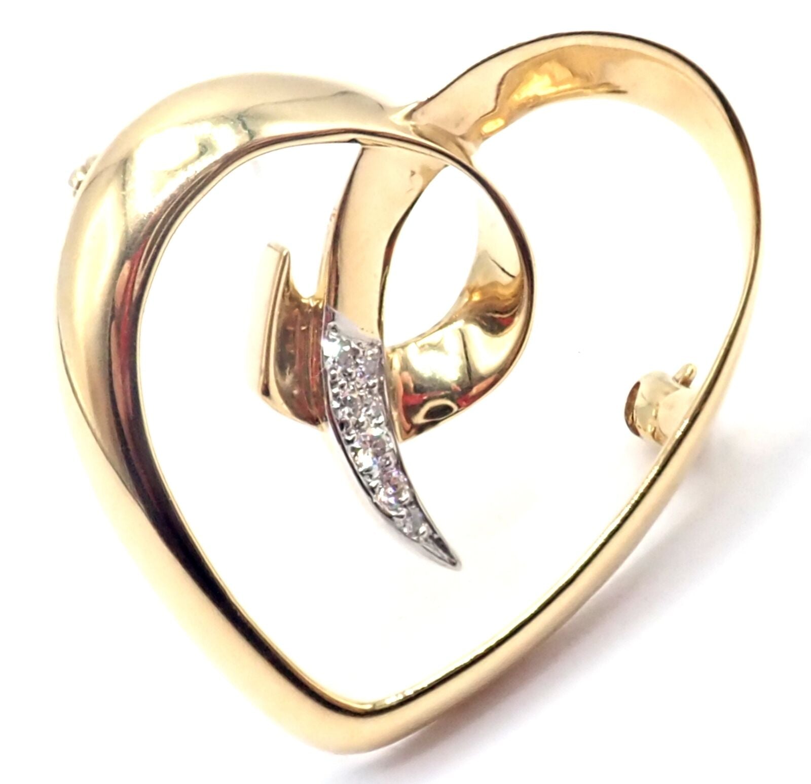 Authentic! Tiffany & Co Paloma Picasso 18k Yellow Gold Diamond Heart Pin Brooch | Fortrove