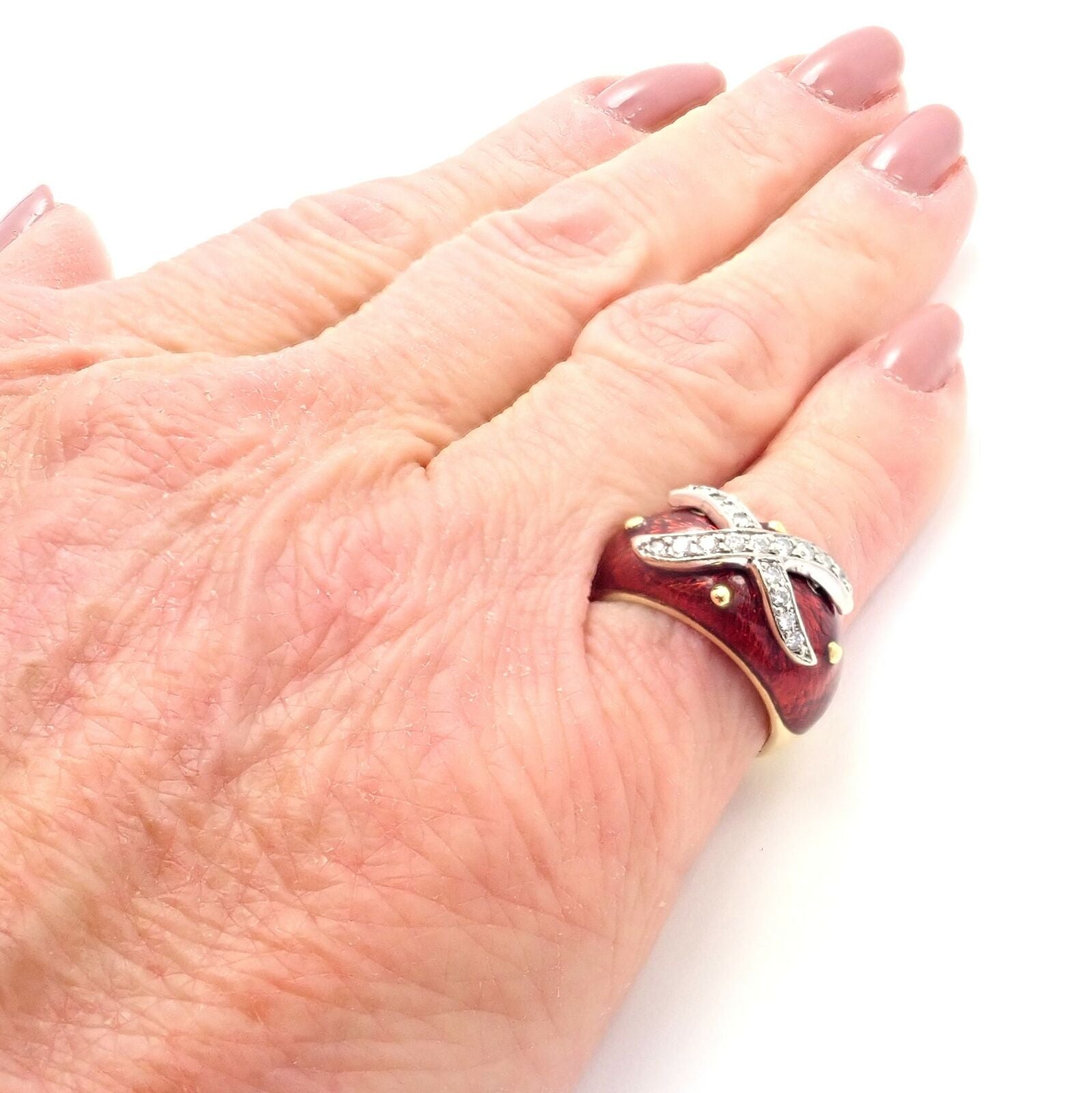 Authentic! Hidalgo 18K Yellow Gold Red Enamel X Diamond Ring Sz 5 | Fortrove