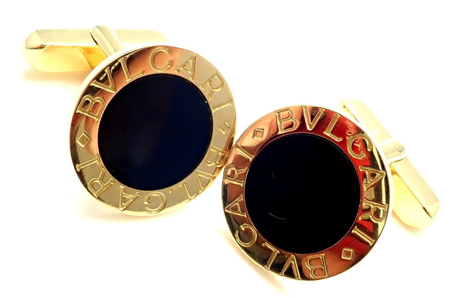 Authentic! Bvlgari Bulgari 18k Yellow Gold Black Onyx Cufflinks | Fortrove