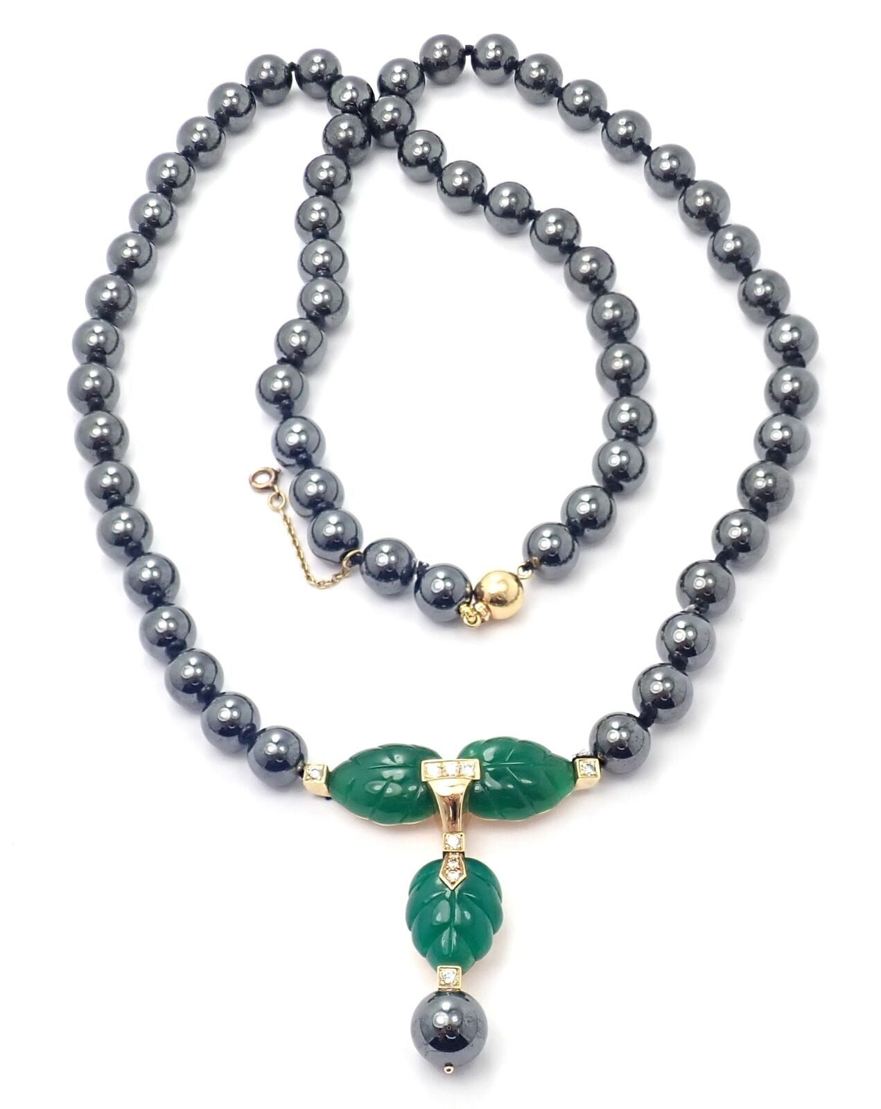 Authentic! Cartier 18k Yellow Gold Hematite Bead Diamond Chalcedony Necklace | Fortrove