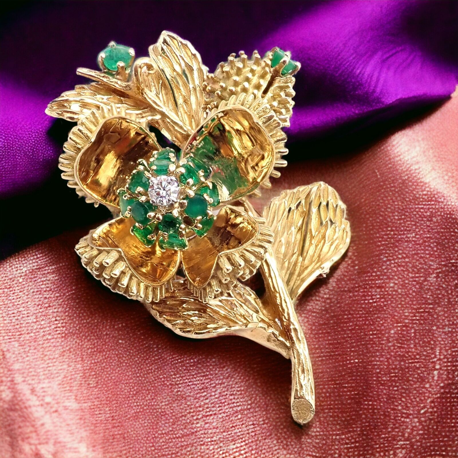 Rare! Tiffany & Co 18k Yellow Gold Diamond Emerald Flower Night & Day Brooch Pin | Fortrove