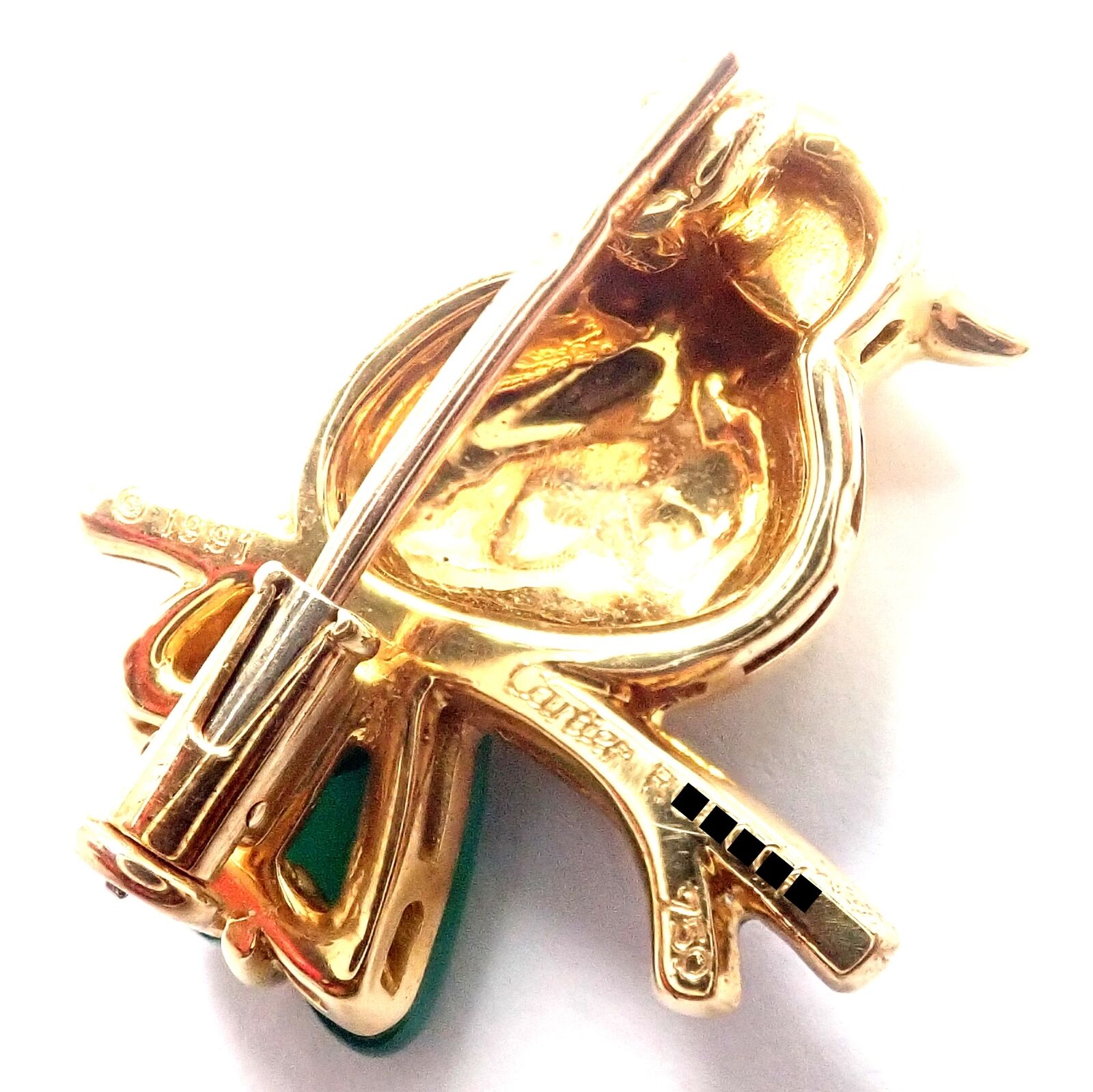 Authentic! Cartier 18k Yellow Gold Diamond Onyx Ruby Chalcedony Bird Pin Brooch | Fortrove
