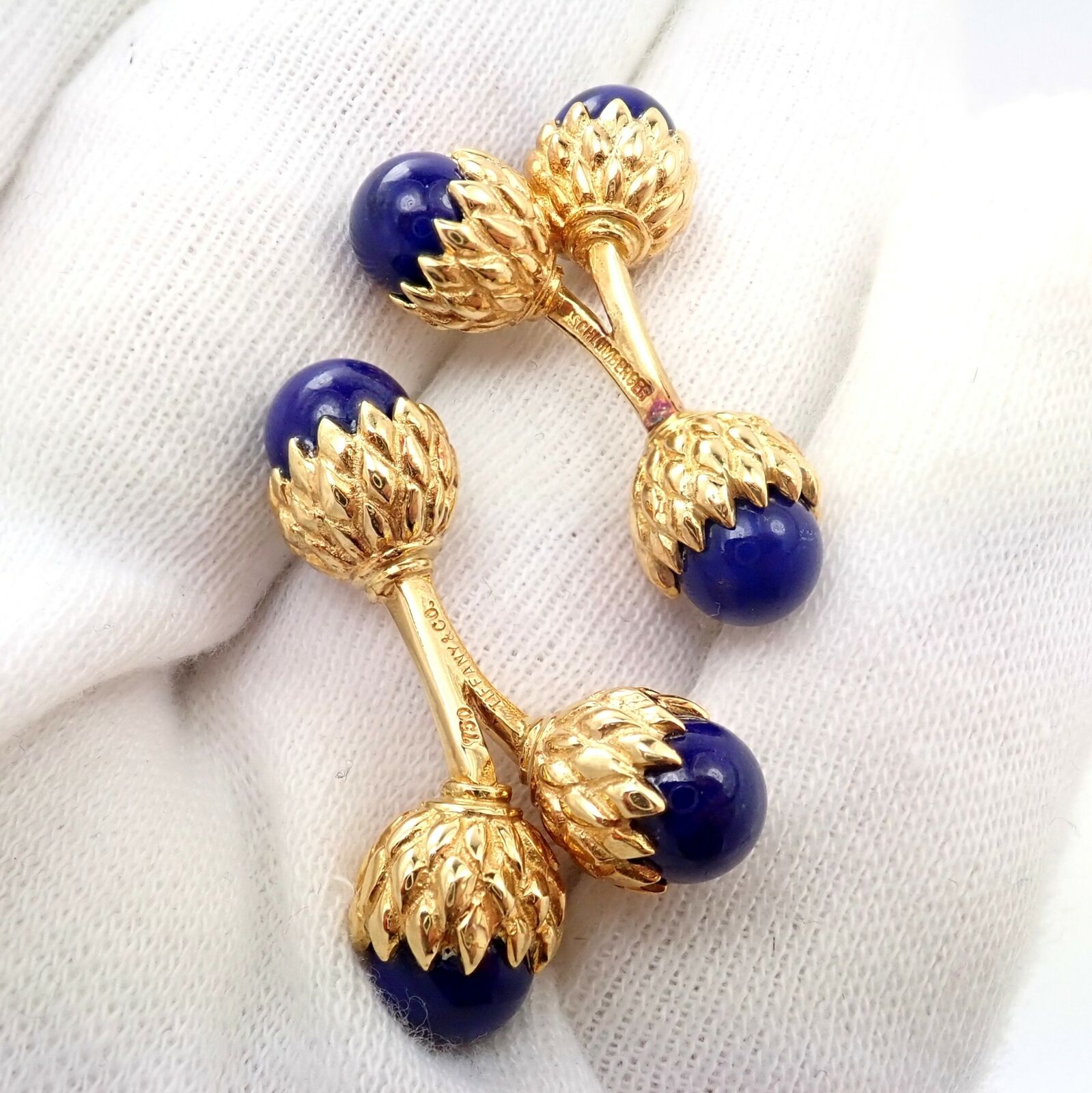 Tiffany & Co. Jewelry & Watches:Men's Jewelry:Cufflinks Tiffany & Co Schlumberger 18k Yellow Gold Lapis Lazuli Double Acorn Cufflinks