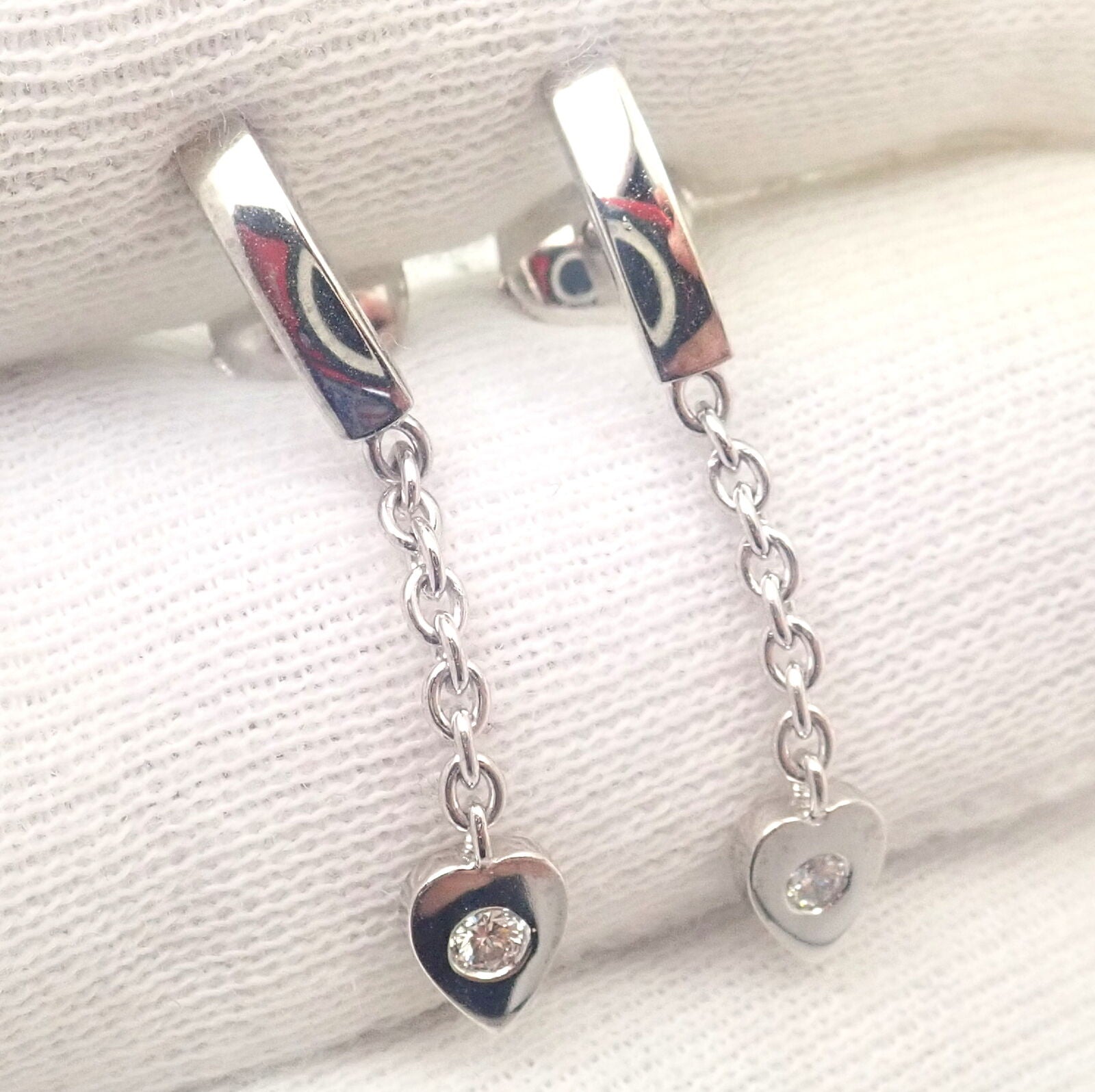 Authentic! Cartier 18k White Gold Diamond Mon Amour Dangle Heart Earrings | Fortrove