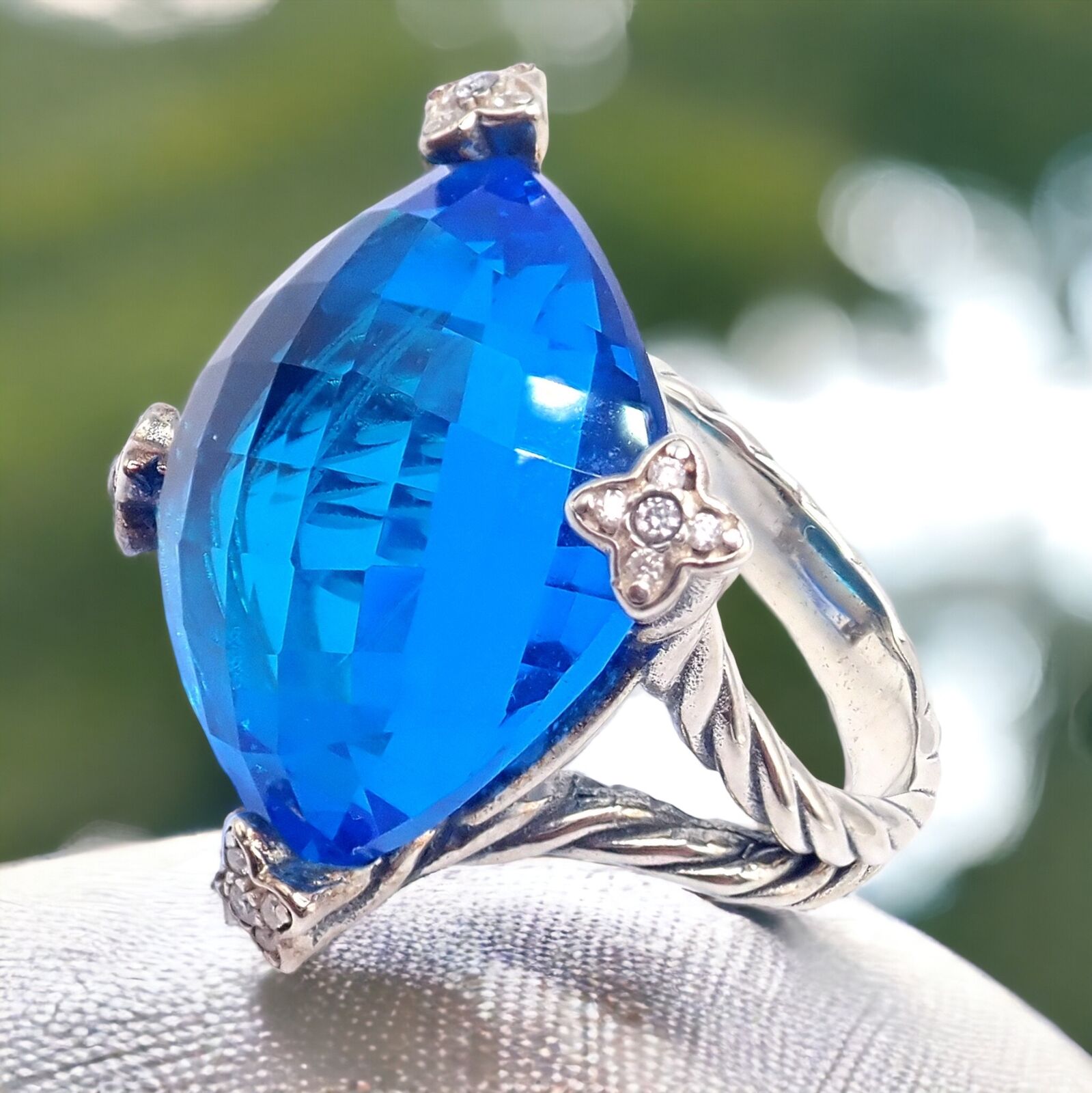 David Yurman Jewelry & Watches:Fine Jewelry:Rings David Yurman DY Silver Diamond 20mm Blue Topaz Cushion On Point Ring 7.5