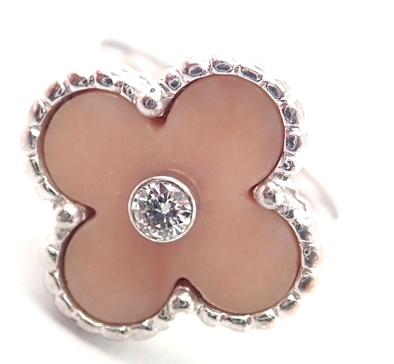 Authentic! Van Cleef & Arpels Alhambra 18k White Gold Pink Opal Diamond Ring | Fortrove