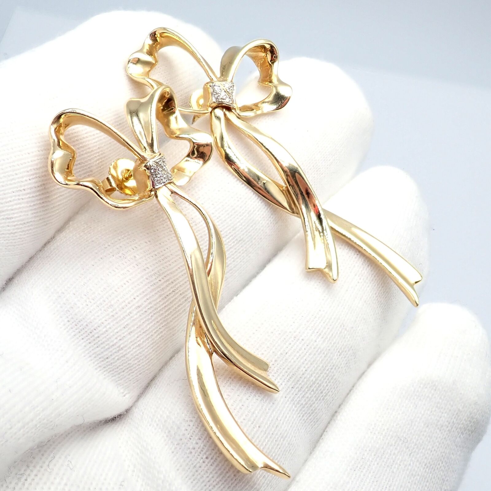 Authentic Tiffany & Co 18k Yellow Gold Diamond Large Ribbon Bow Earrings 1985 | Fortrove
