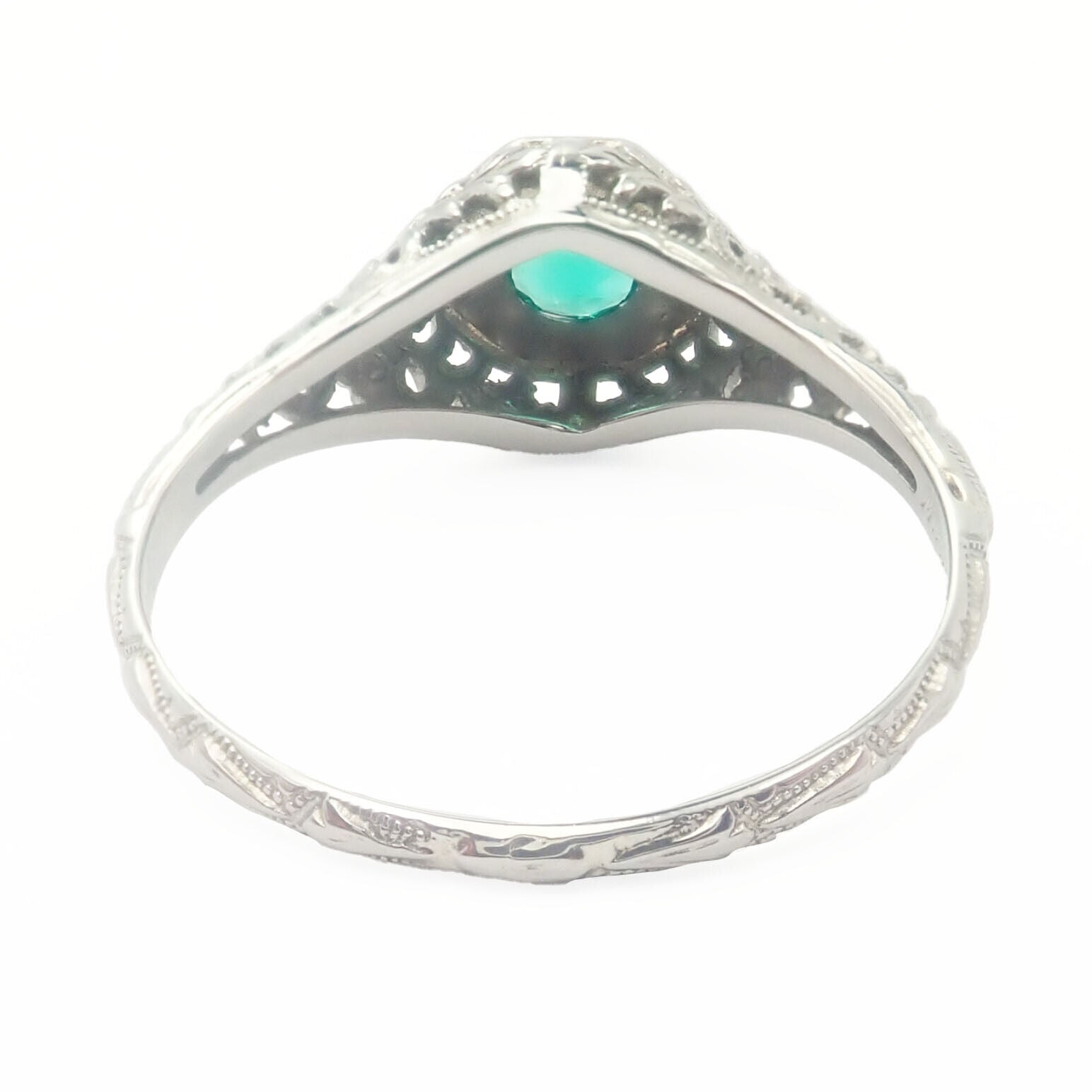 Estate Jewelry & Watches:Vintage & Antique Jewelry:Rings Vintage Estate 18k White Gold Emerald Art Deco Filigree Ring