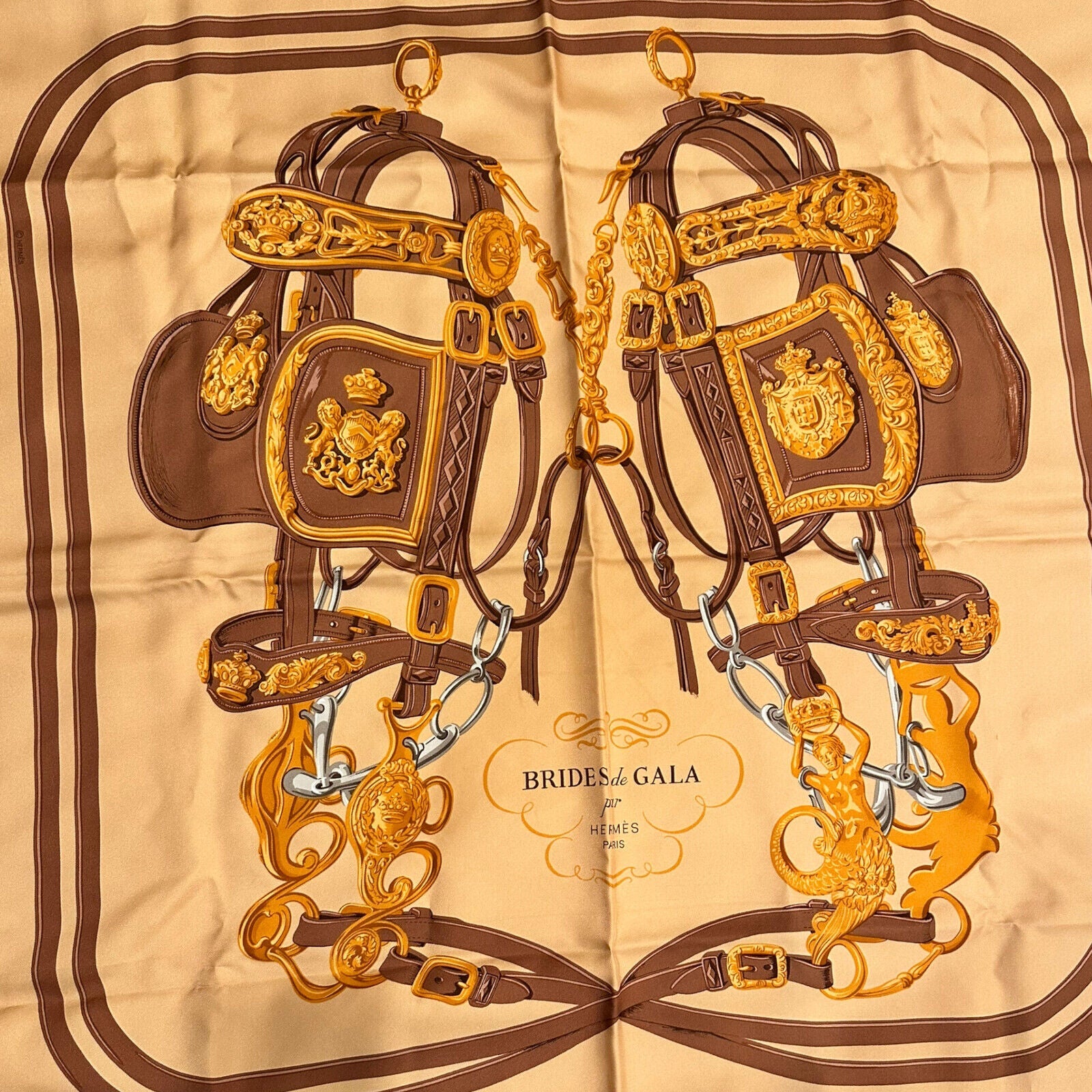 Authentic! Hermes Brides De Gala 90cm Orange Brown Silk Scarf | Fortrove