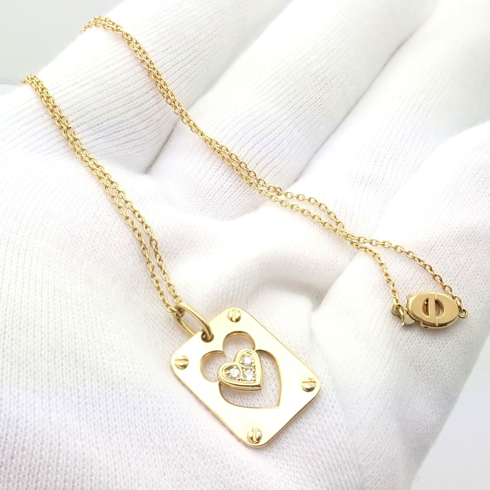 Rare! Christian Dior 18k Yellow Gold Diamond Ace Of Hearts Card Pendant Necklace | Fortrove