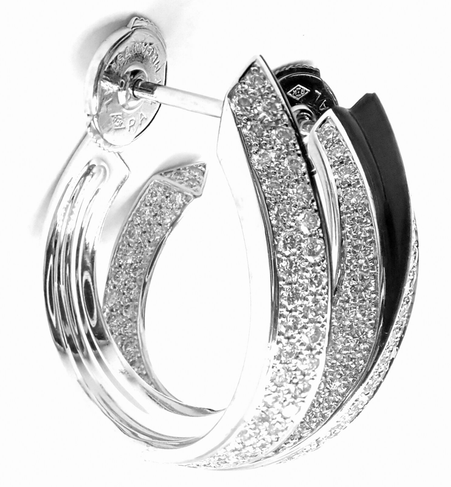 Authentic! Cartier Panthere 18k White Gold Diamond Onyx Hoop Earrings | Fortrove