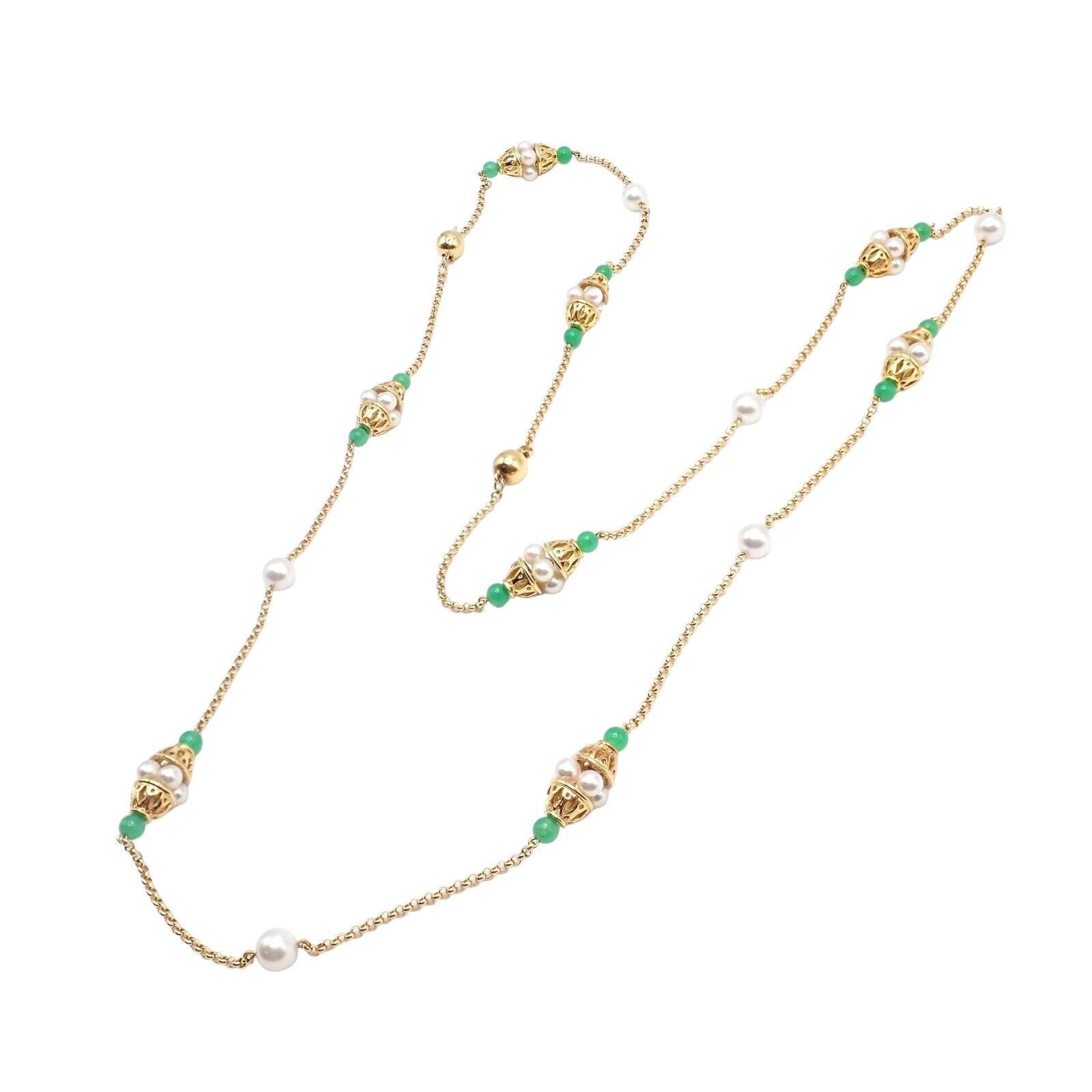 Vintage! Mikimoto 18k Yellow Gold Pearl Chalcedony 32" Long Necklace | Fortrove