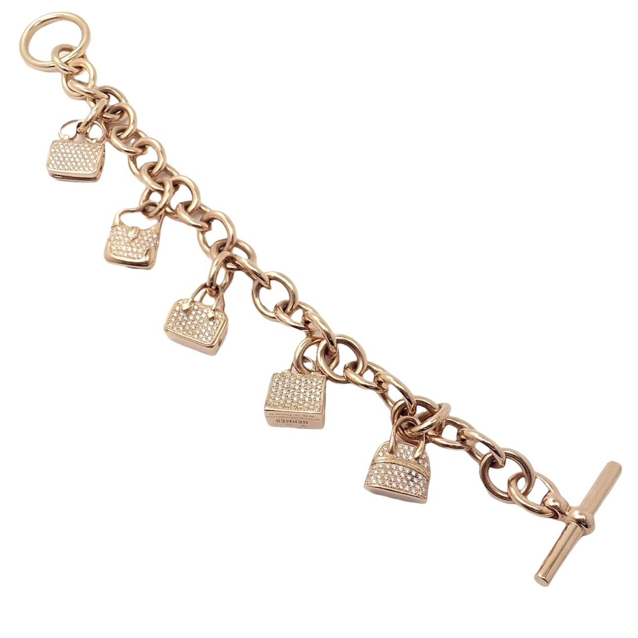 Authentic! Hermes 18k Rose Gold Diamond Signature Iconic Bag Charm Link Bracelet | Fortrove