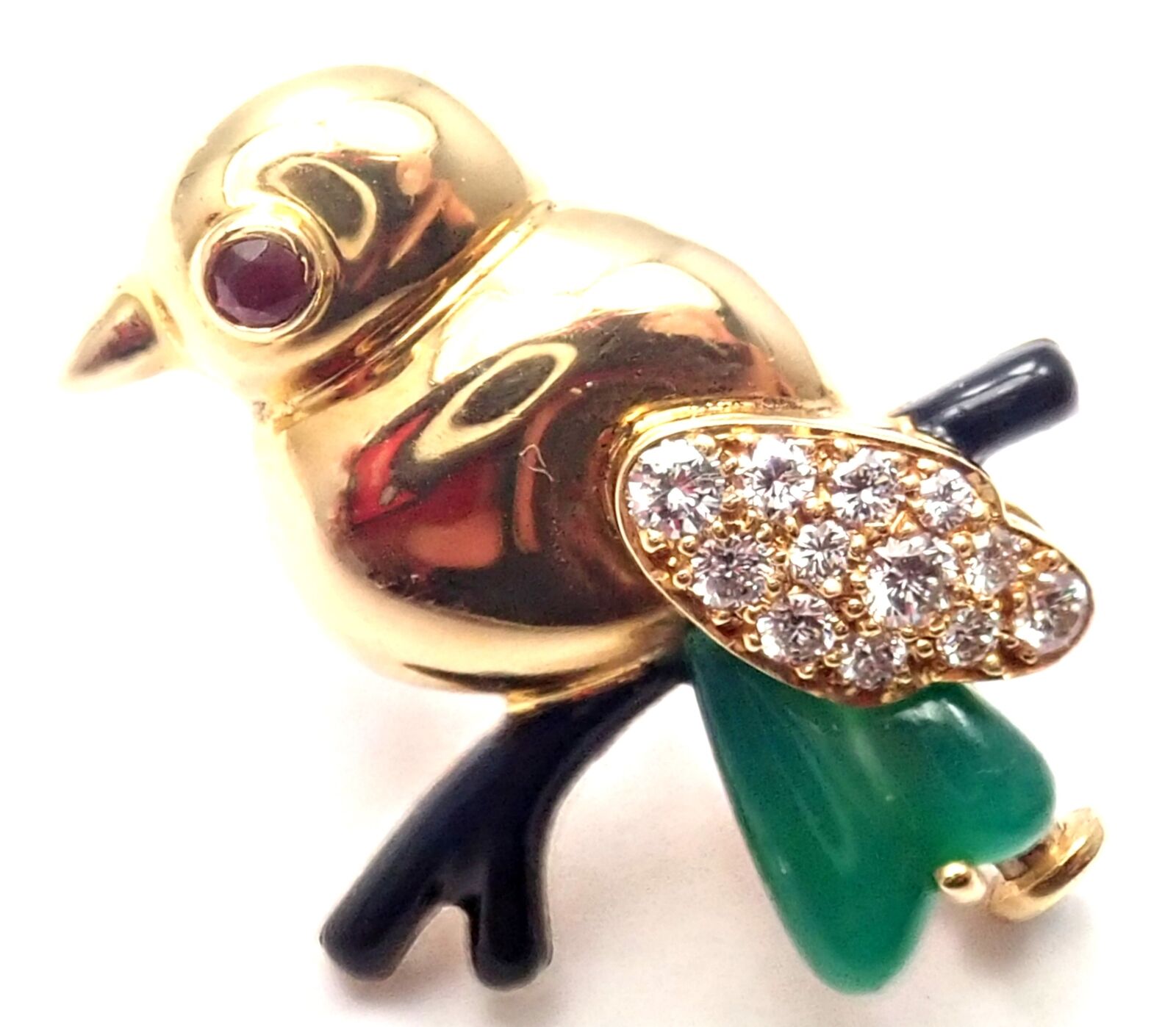 Authentic! Cartier 18k Yellow Gold Diamond Onyx Ruby Chalcedony Bird Pin Brooch | Fortrove