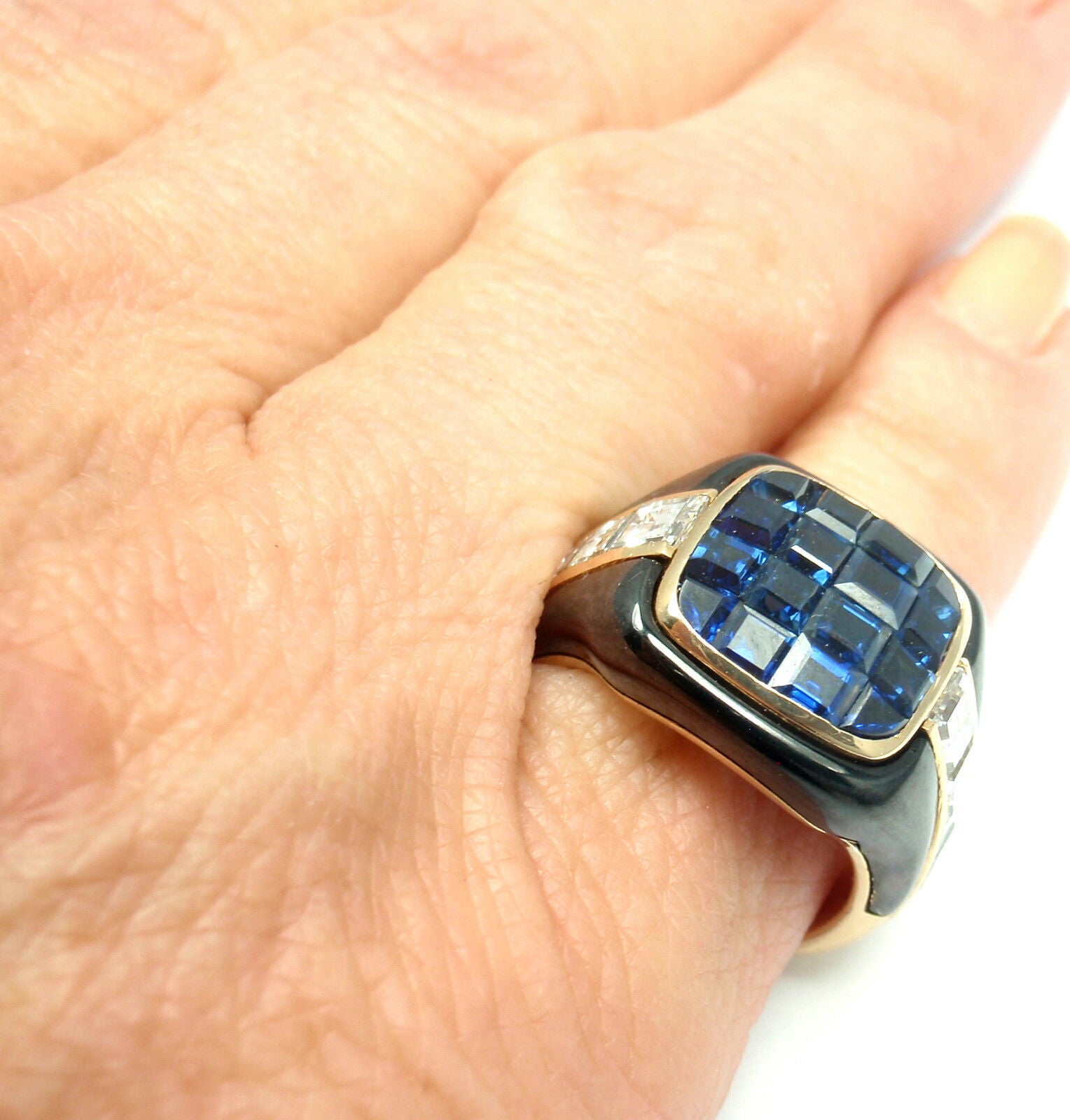 Authentic! Piaget 18k Yellow Gold Diamond Invisible Set Sapphire Enamel Ring | Fortrove