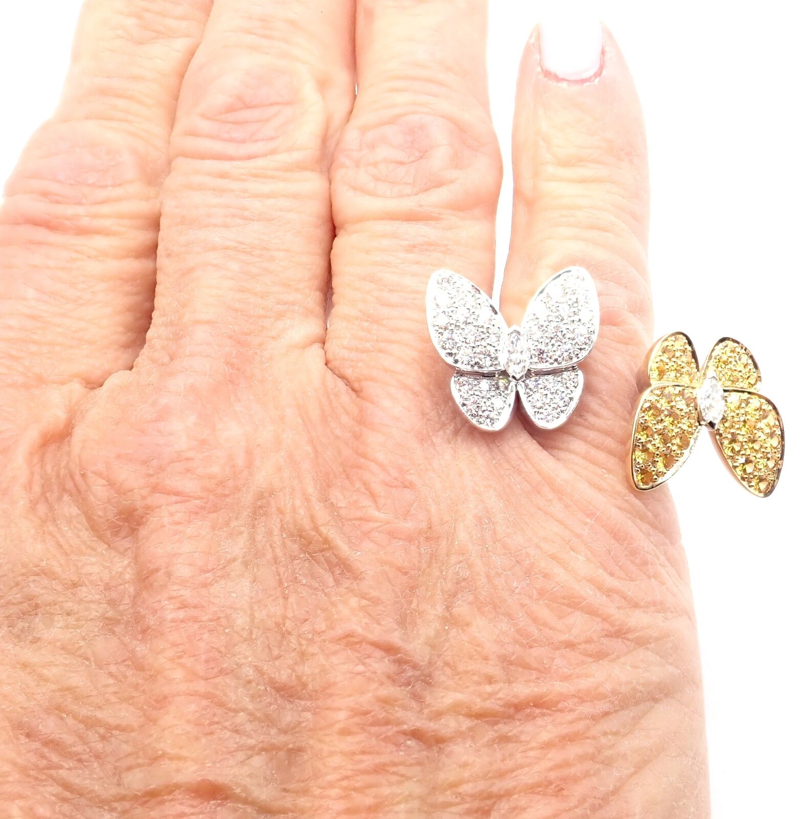 Van Cleef & Arpels 18k Gold Diamond Sapphire Two Butterfly Between Finger Ring | Fortrove