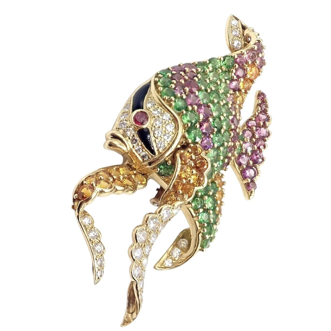 Authentic! Rare Jean Vitau 18k Yellow Gold Diamond Color Stone Angel Fish Brooch | Fortrove