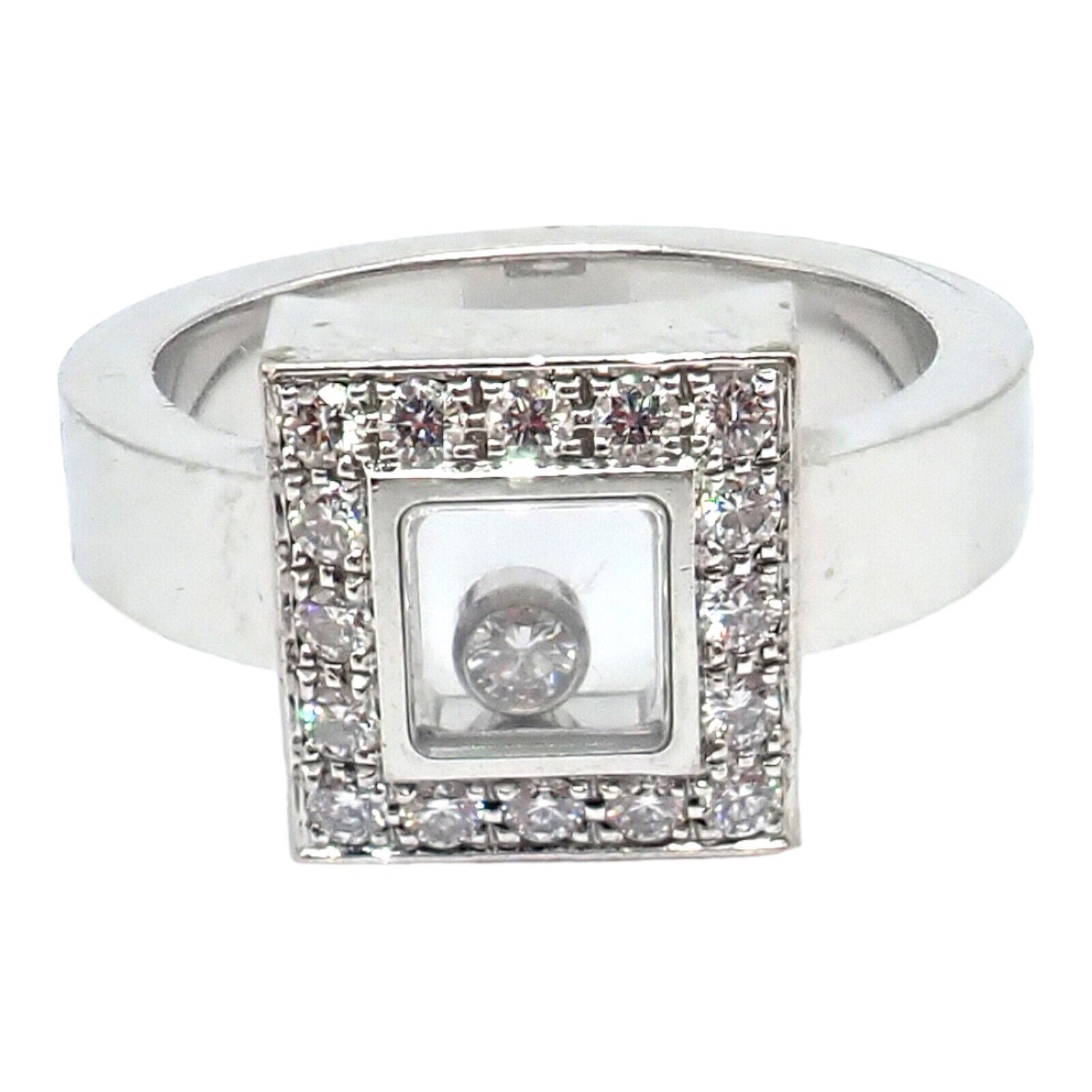 Authentic! Chopard 18k White Gold Diamond Happy Diamond Ring Sz 5.75 | Fortrove