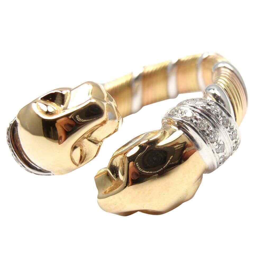Cartier Panther Diamond Tricolor 18k Gold Band Ring EU 52 US 6 | Fortrove