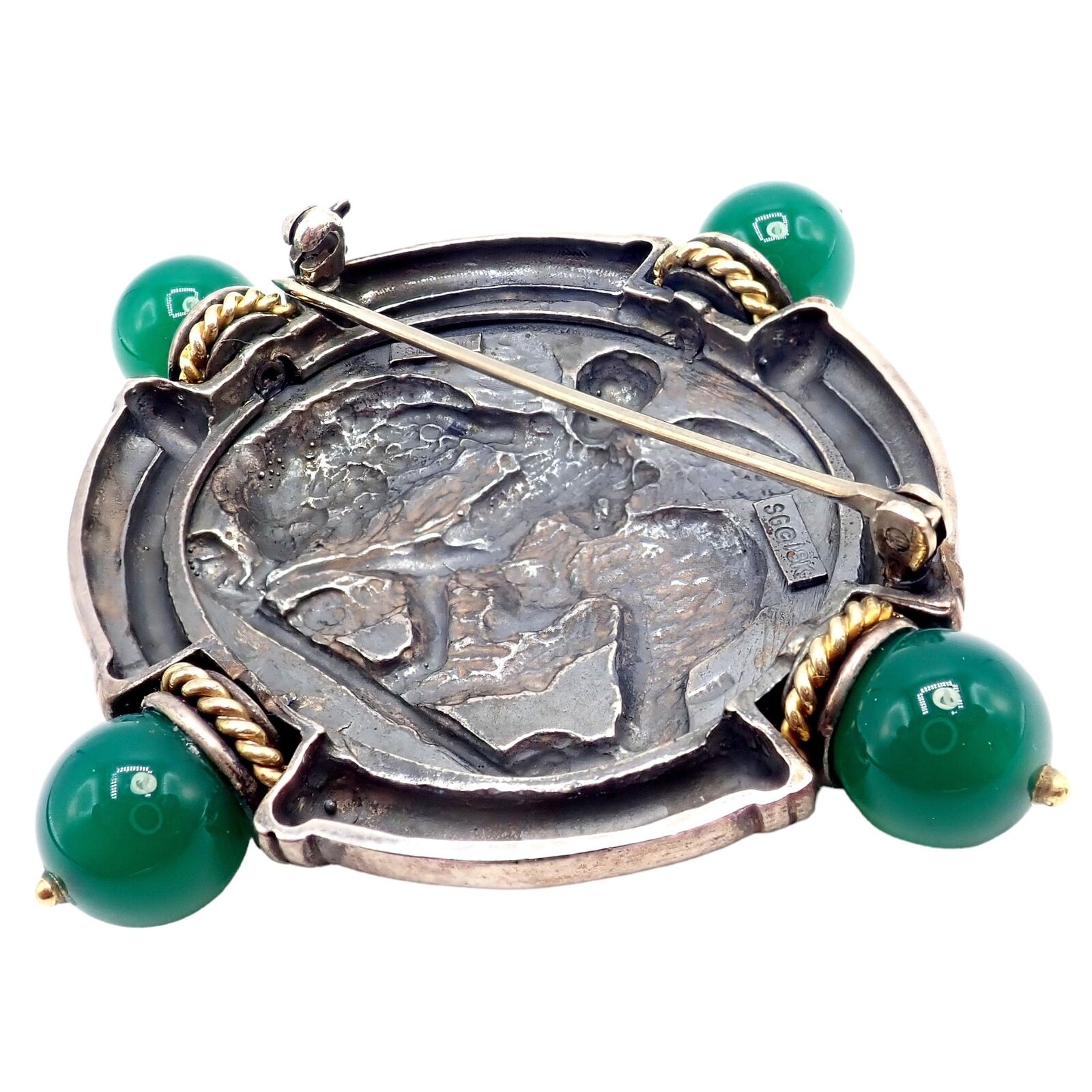 Authentic! SeidenGang 18k Yellow Gold Silver Large Medallion Chrysoprase Brooch | Fortrove